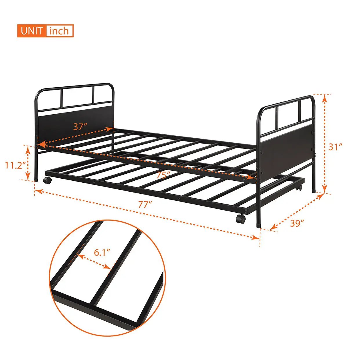 Twin Size Daybed Platform Bed Frame With Trundle Built In Casters - Black by HouseOfZazla