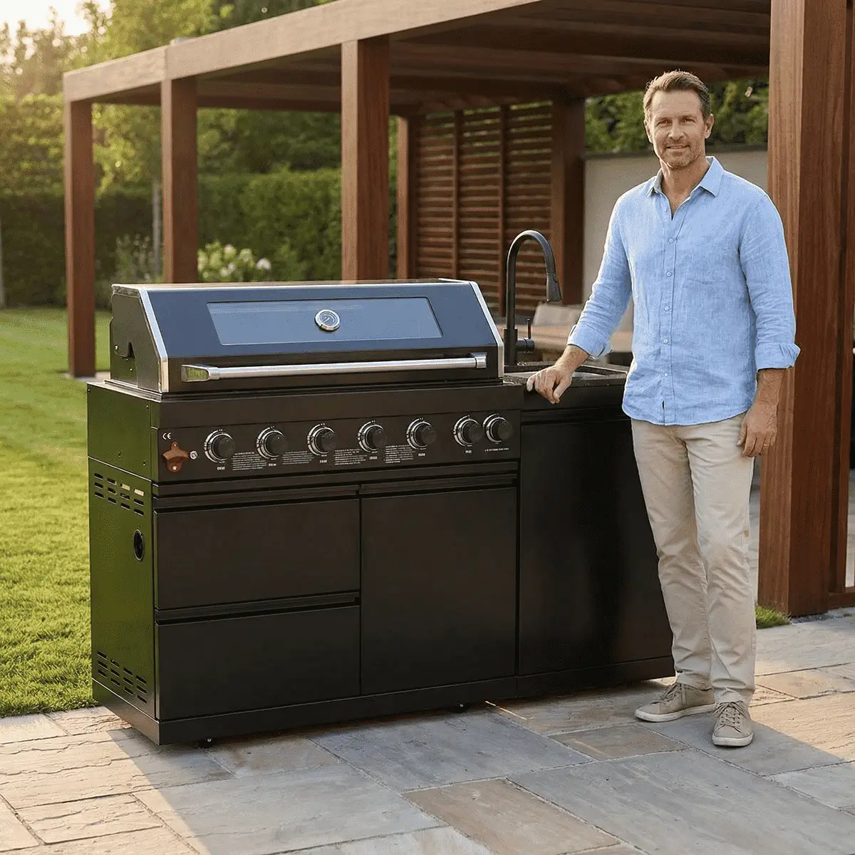 63" 6-Burner 85000 BTU Black Outdoor Kitchen Island Grill + Marble Countertops + Sink by Chery Industrial