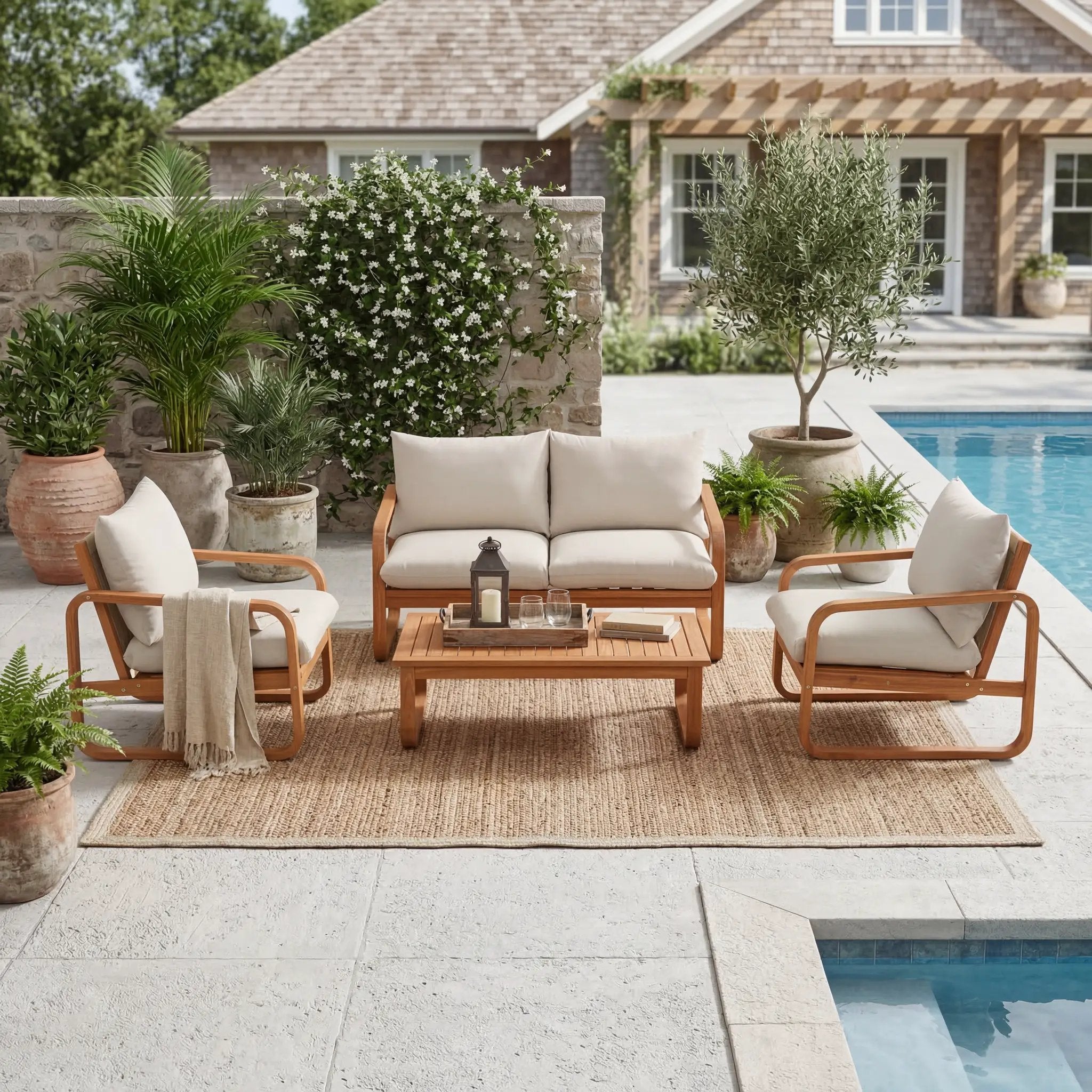 4-Piece Acacia Wood Outdoor Patio Furniture Set with Thick Cushions by HouseOfZazla