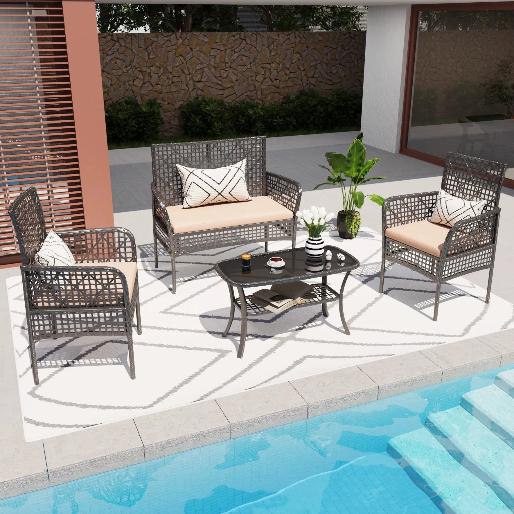 4 Pieces Rattan Wicker Chairs With Tempered Glass Table And Cushions by HouseOfZazla