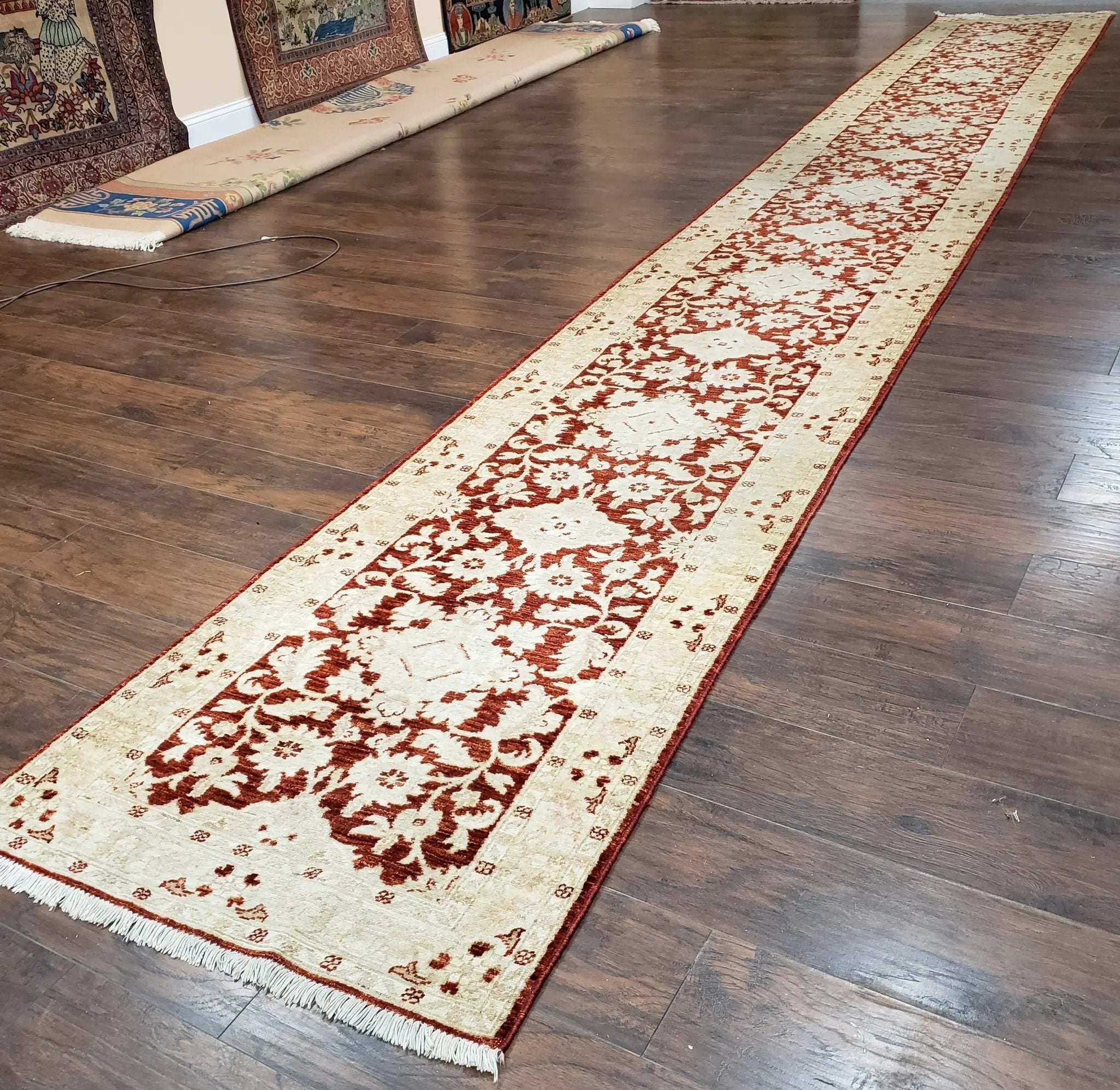 21 ft Runner Rug Long Hallway Runner, 3 x 21 Corridor Rug, Peshawar Pak Persian Chobi Agra Rug, Maroon and Beige Large Flowers Wool Handmade by Jewel Rugs