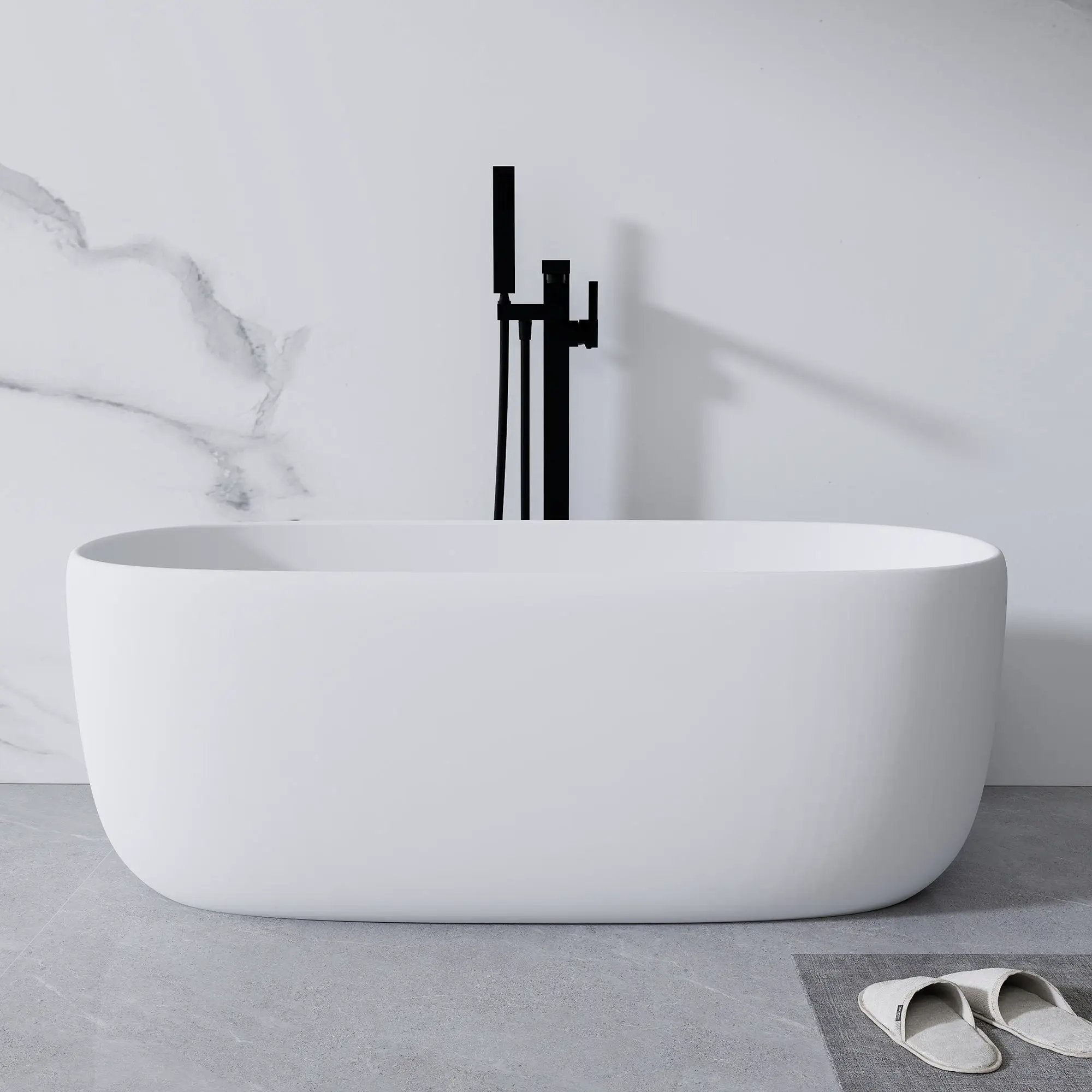 Freestanding Bathtub Resin Stone Soaking Bathtub Solid Surface Modern Tubs With Overflow And Pop-Up Drain - Matte White by HouseOfZazla
