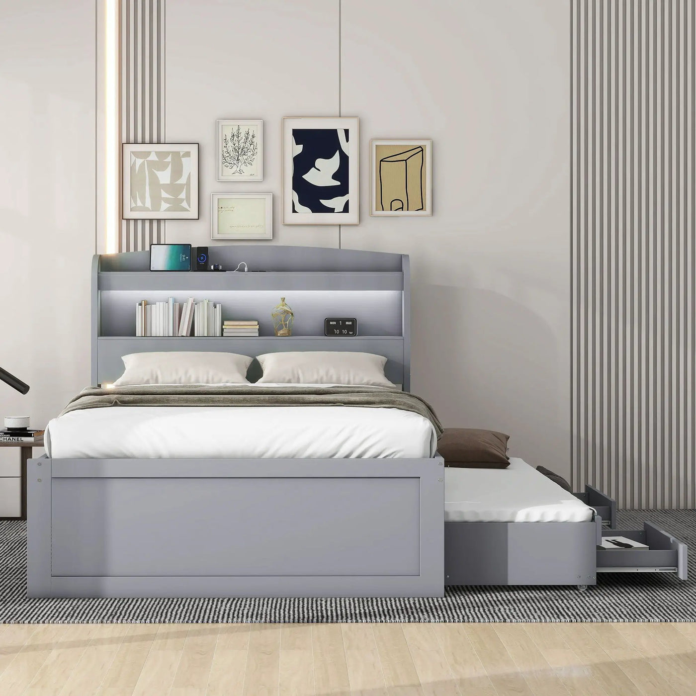 Platform Bed With LED Headboard, Charging Station, Trundle And 2 Drawers by Unique Piece Furniture