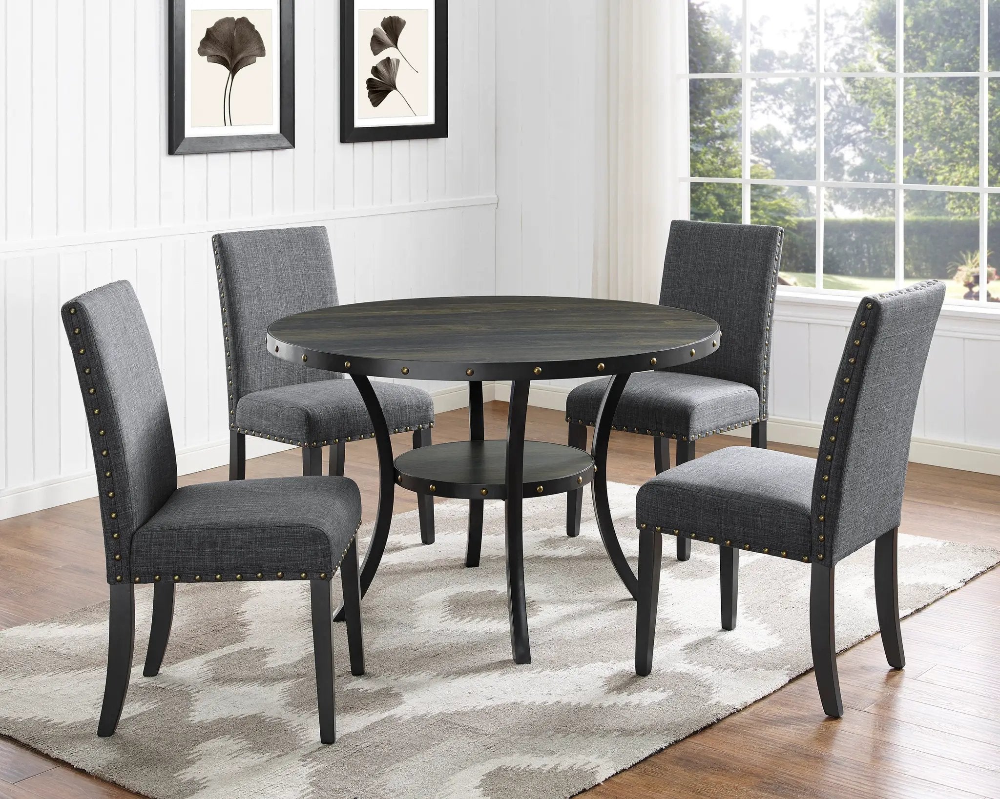 Biony Espresso Wood Dining Set with Gray Fabric Nailhead Chairs by HouseOfZazla