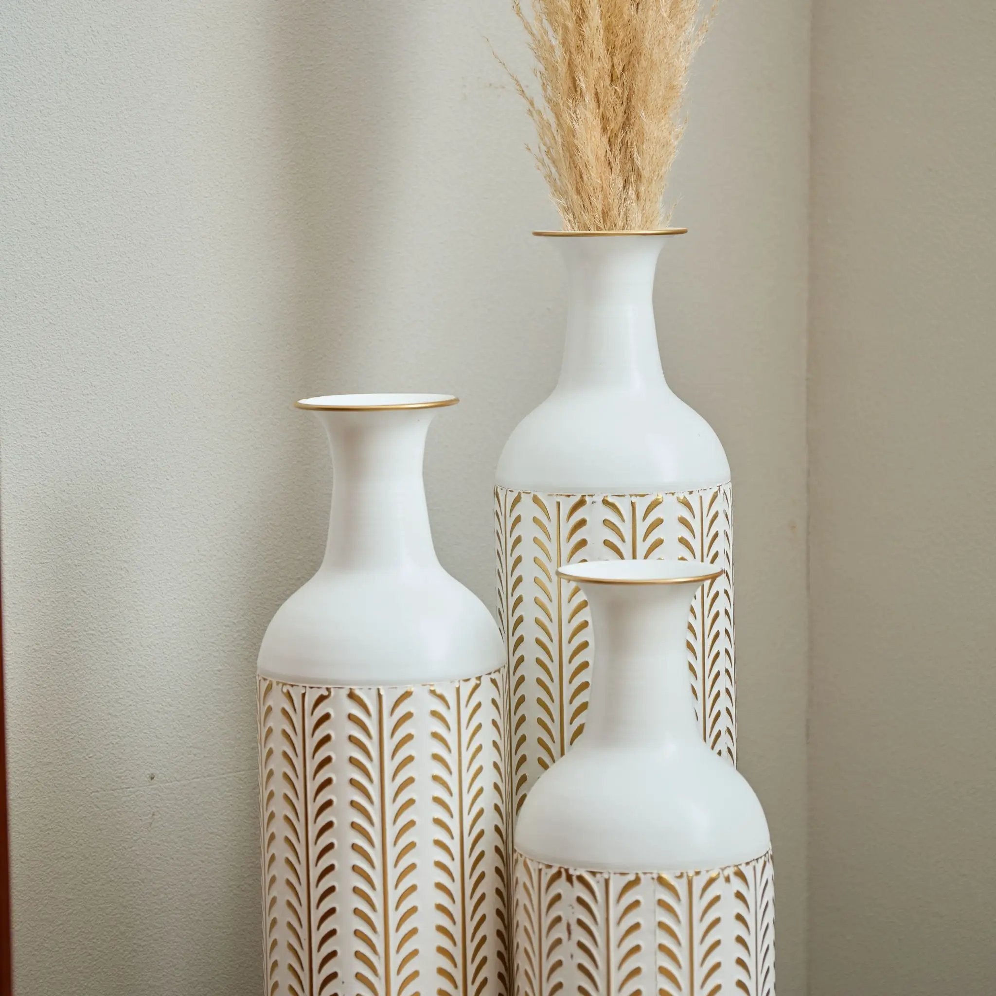 Floor Metal Vase Modern Style Decoration Home Metal Vase 3 Piece Set Gorgeous Home Decoration Large Glazed Metal Vase - Gold / White by HouseOfZazla