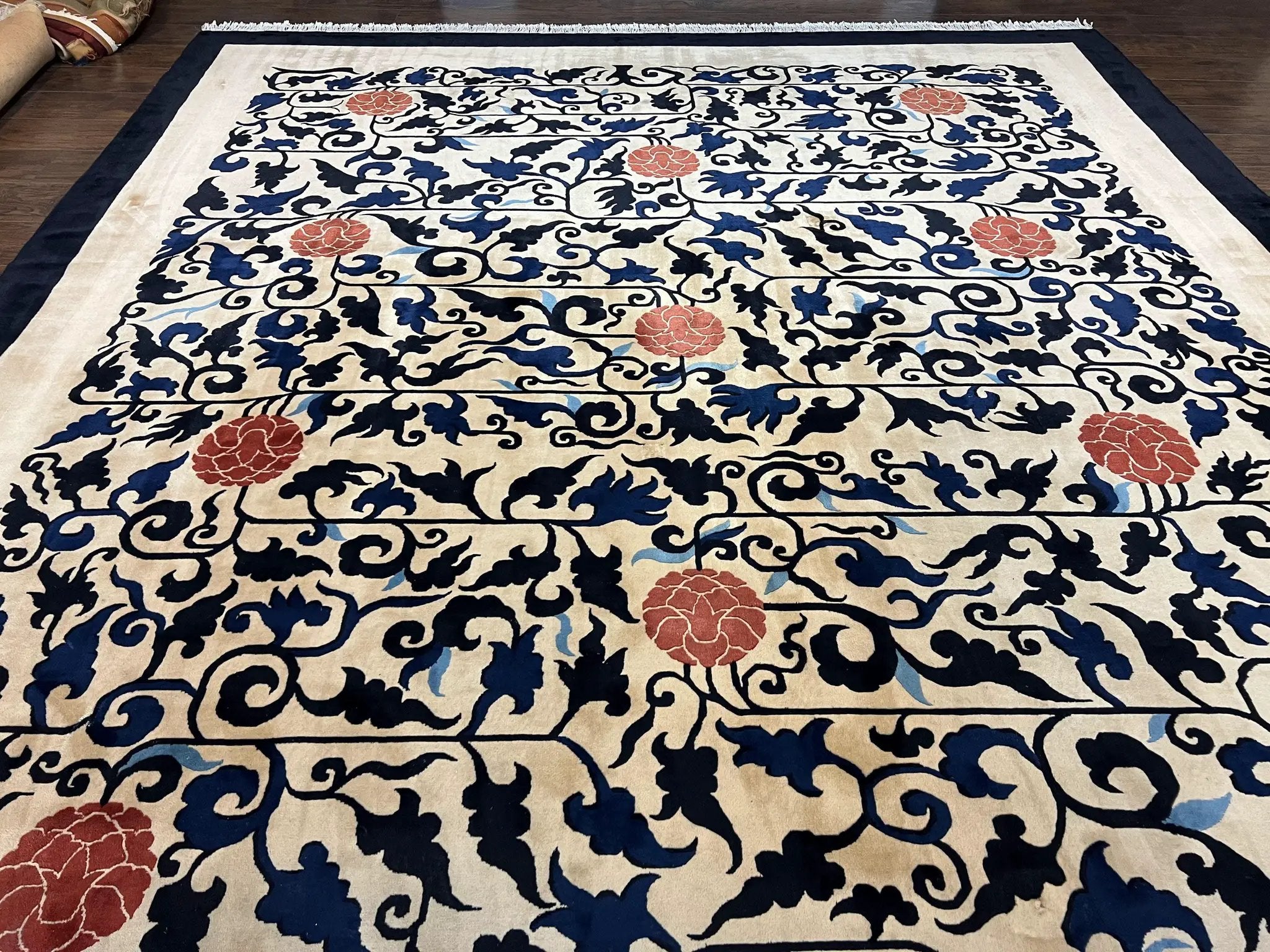Antique Chinese Peking Rug 10x14, Beige Black, Handmade Wool Art Deco Carpet by Jewel Rugs