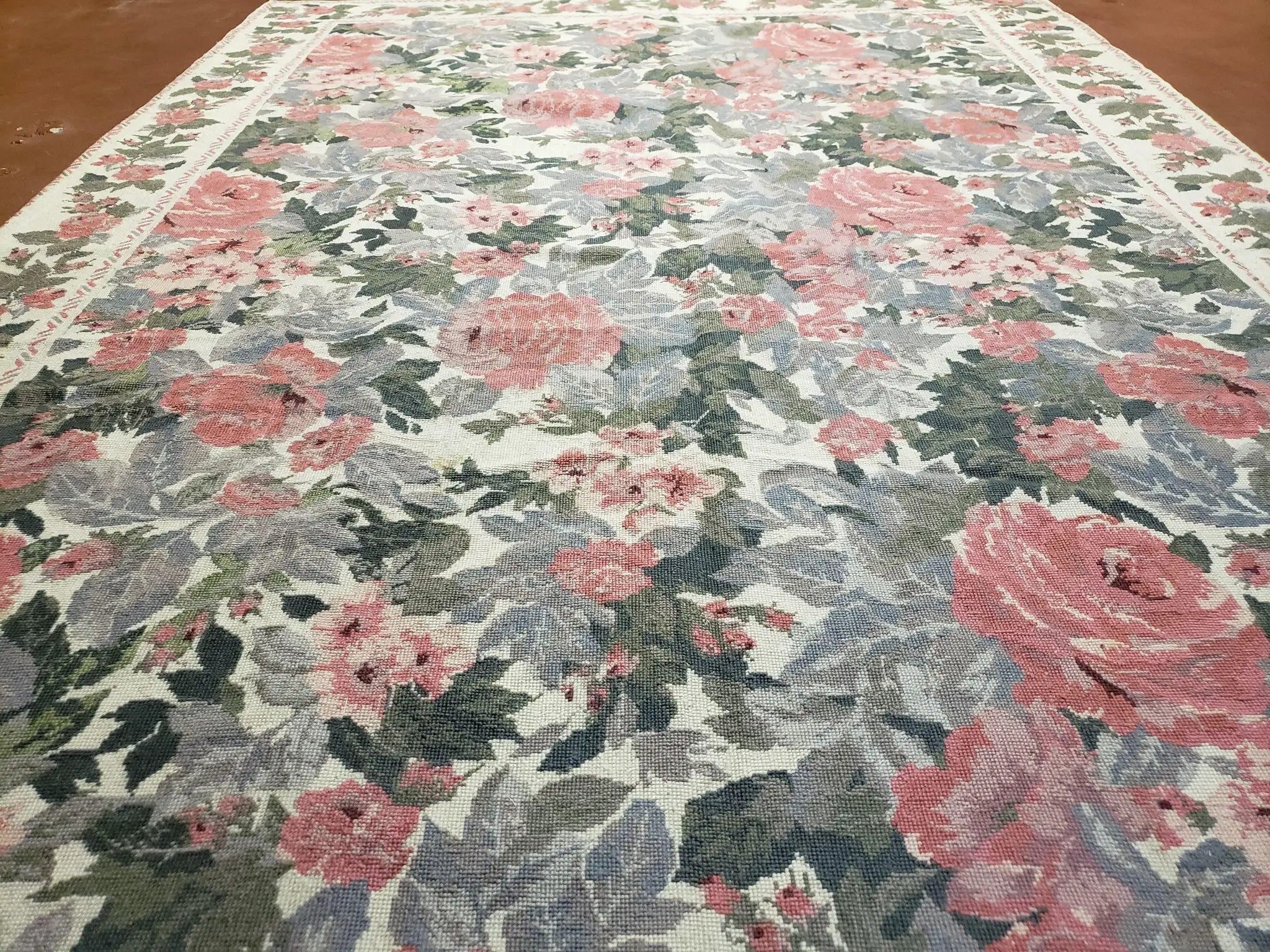 5x8 Needlepoint Rug 5' 4" x 8' 3" Wool Flat Weave Floral New Unused Carpet English Design Ivory Large Pink Flowers Green Leaves Hand-Knotted by Jewel Rugs