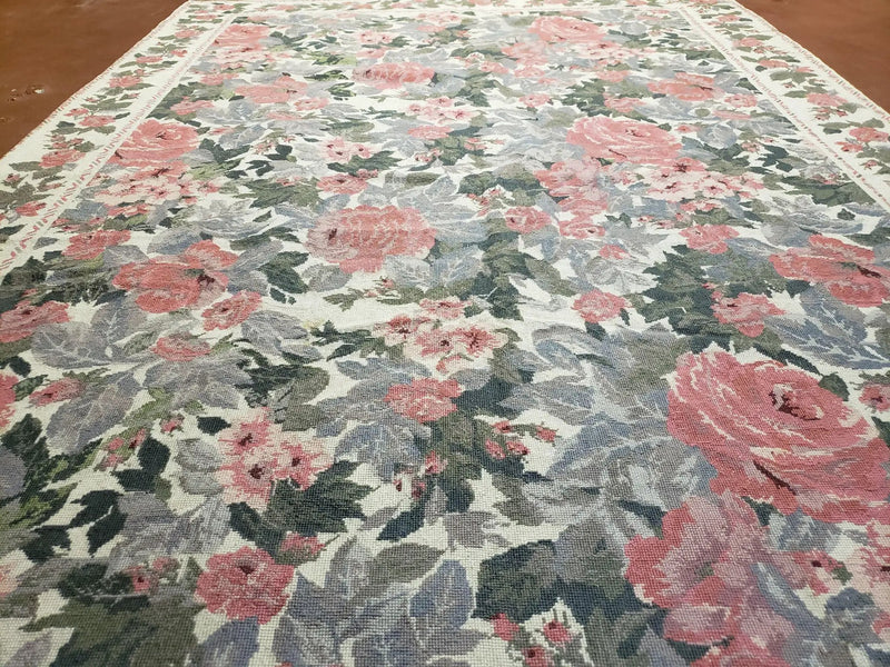 5x8 Needlepoint Rug 5' 4" x 8' 3" Wool Flat Weave Floral New Unused Carpet English Design Ivory Large Pink Flowers Green Leaves Hand-Knotted by Jewel Rugs