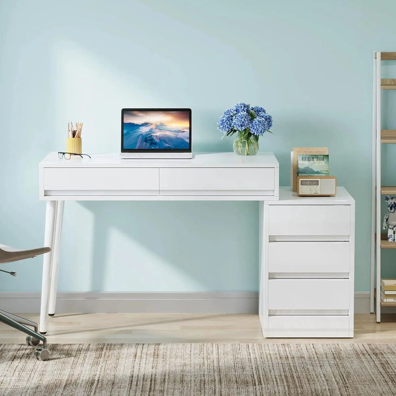 Glossy Desk With 5 Drawers & Printer Stand, Reversible Home Office Computer And Vanity Table For Small Spaces - White by HouseOfZazla