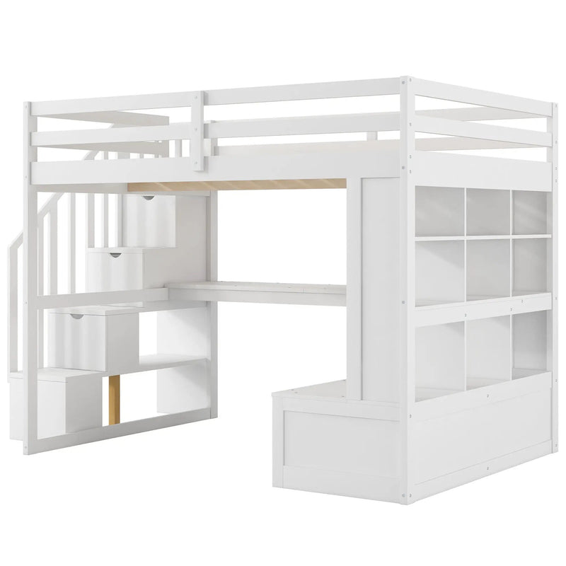 Full Size Loft Bed With Desk And Shelves, 2 Built In Drawers, Storage Staircase - White by HouseOfZazla