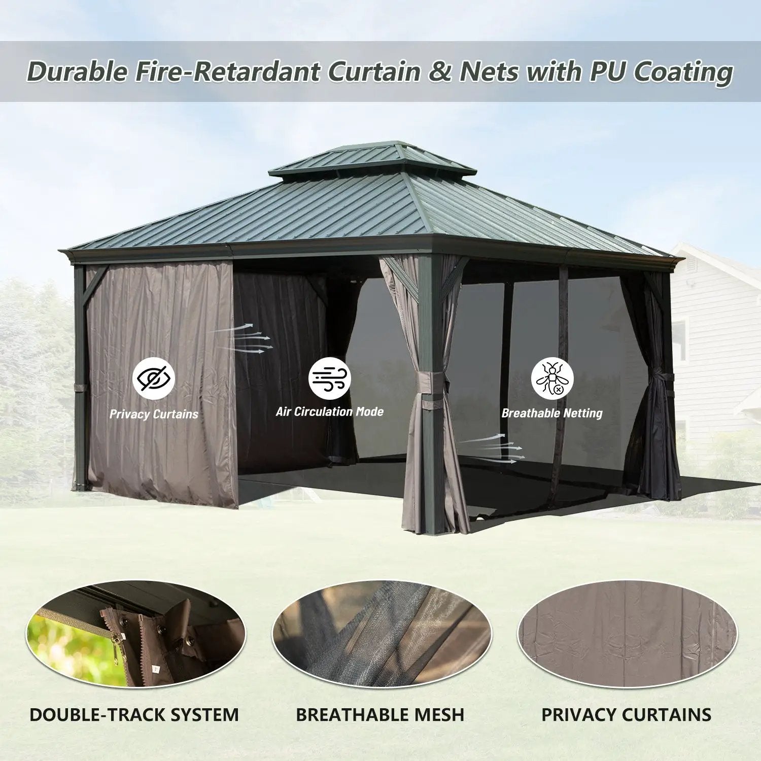 10' x 12' Hardtop Gazebo Outdoor Metal Gazebo with Galvanized Steel Double Roof Canopy, Aluminum Frame, Curtains and by HouseOfZazla