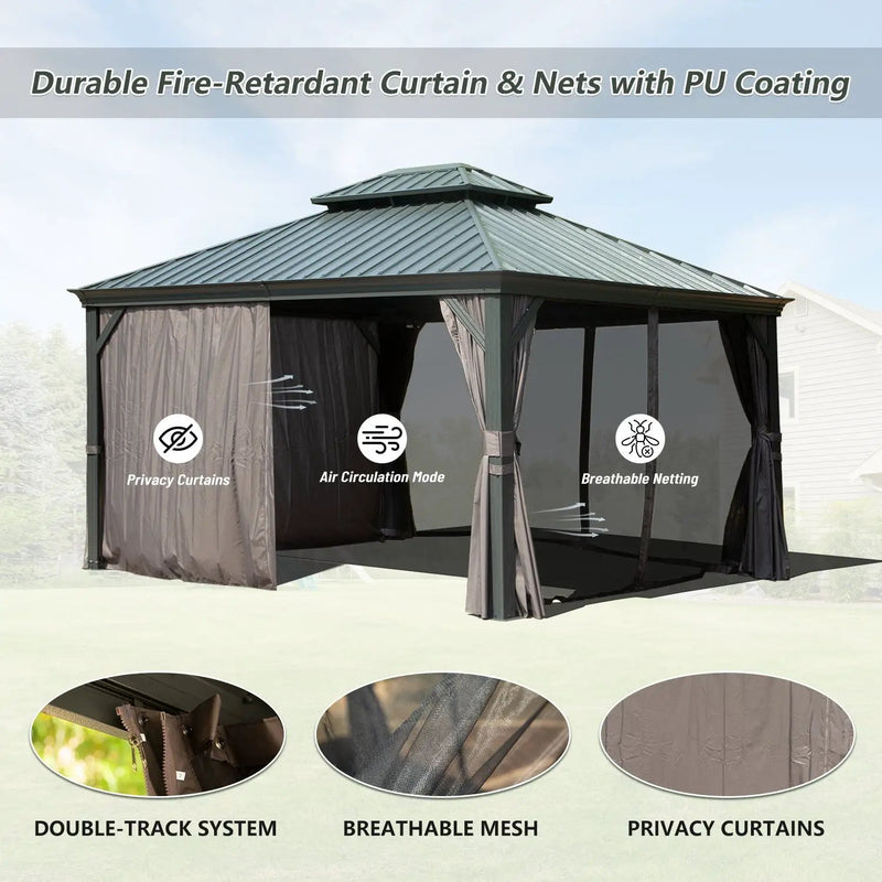 10' x 12' Hardtop Gazebo Outdoor Metal Gazebo with Galvanized Steel Double Roof Canopy, Aluminum Frame, Curtains and by HouseOfZazla