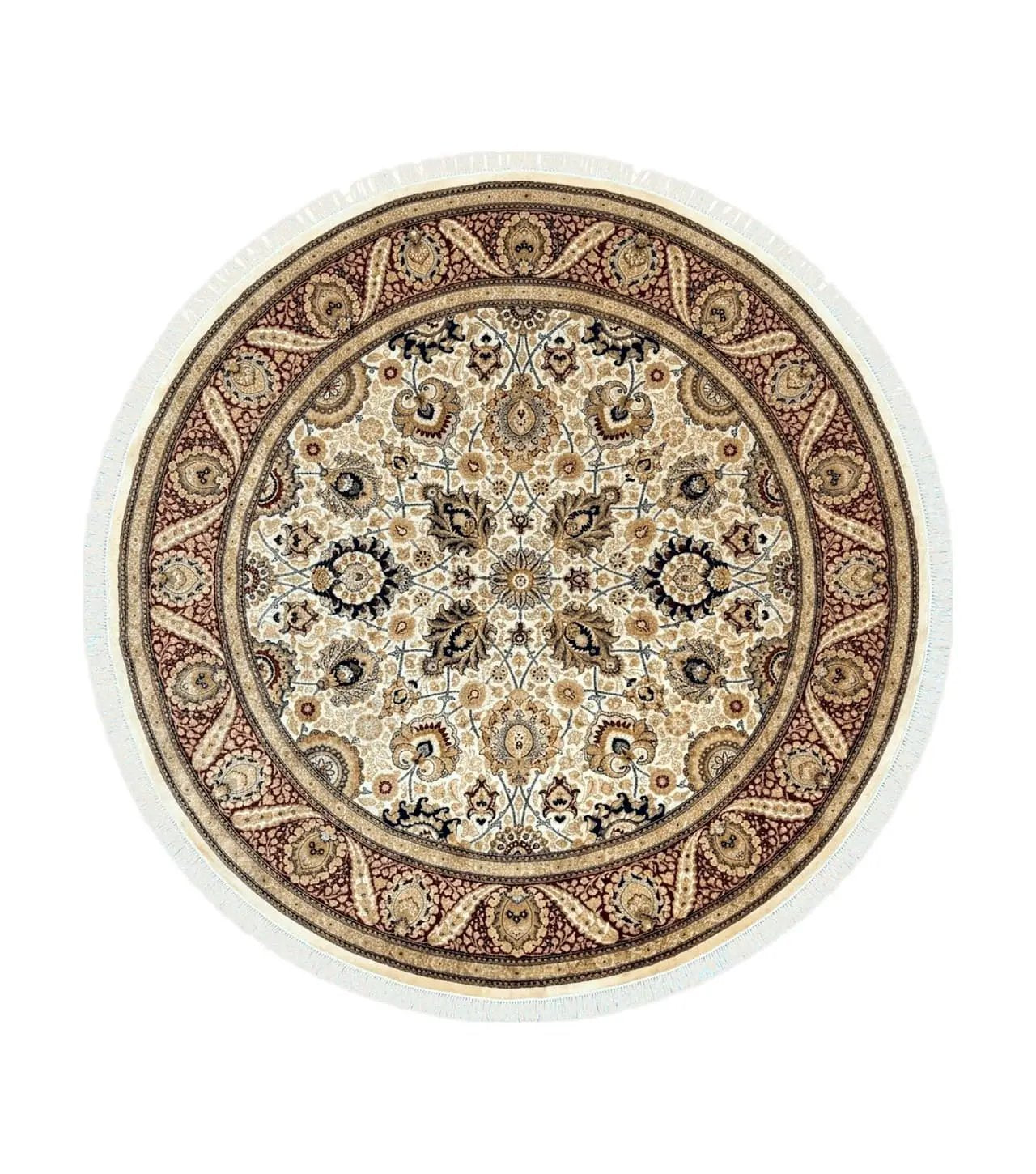 Round Pak Persian Rug 8x8, Vintage Handmade Wool Traditional Carpet, Beige Dark Red, Fine 270 KPSI by Jewel Rugs