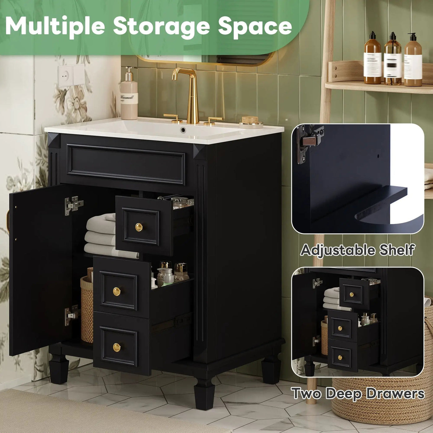 Bathroom Vanity With Sink, Compact Cabinet & 2 Drawers And Adjustable Shelf by Unique Piece Furniture