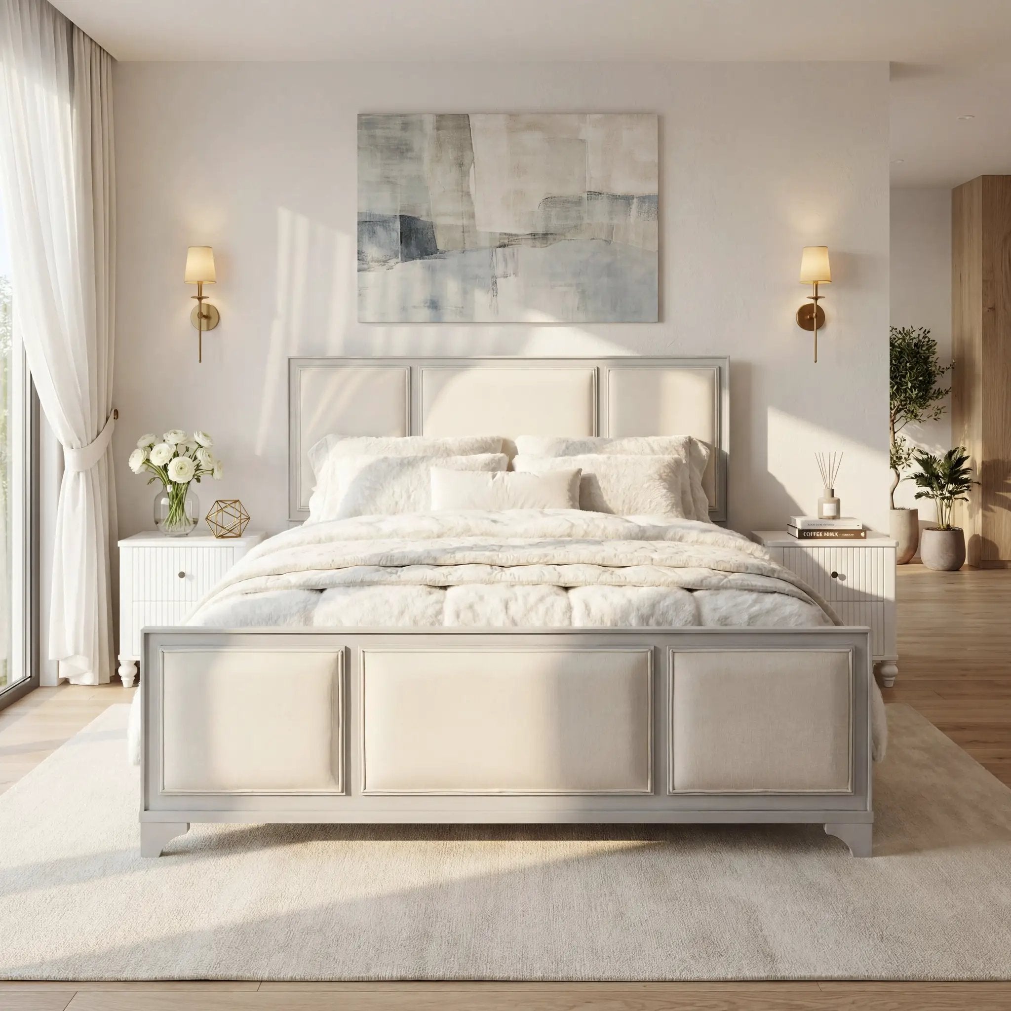 Queen Size Wooden Bed Frame with Upholstered Headboard by HouseOfZazla
