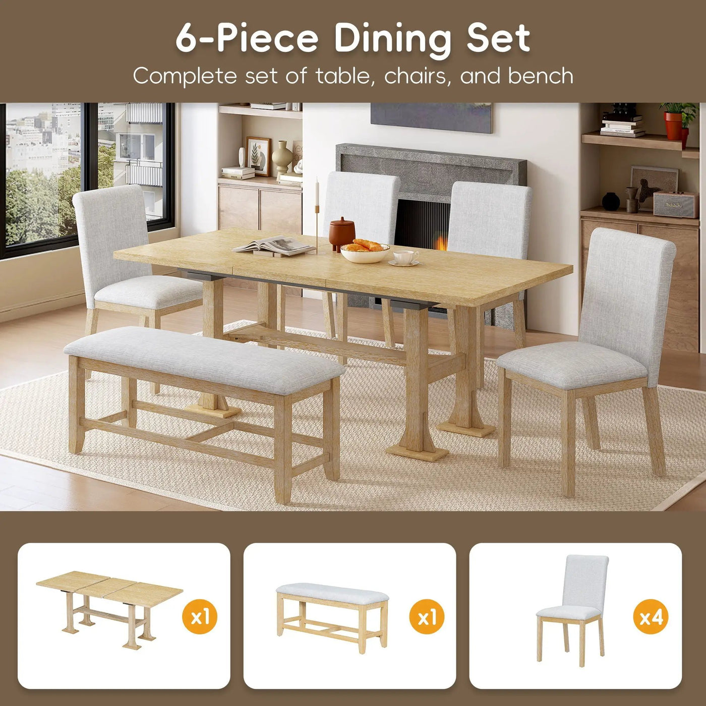 Topmax - 6 Piece Farmhouse Extendable Dining Table Set Trestle Kitchen Table Set With Removable Leaf And Upholstered Dining Chair And Bench For Dining Room by Unique Piece Furniture