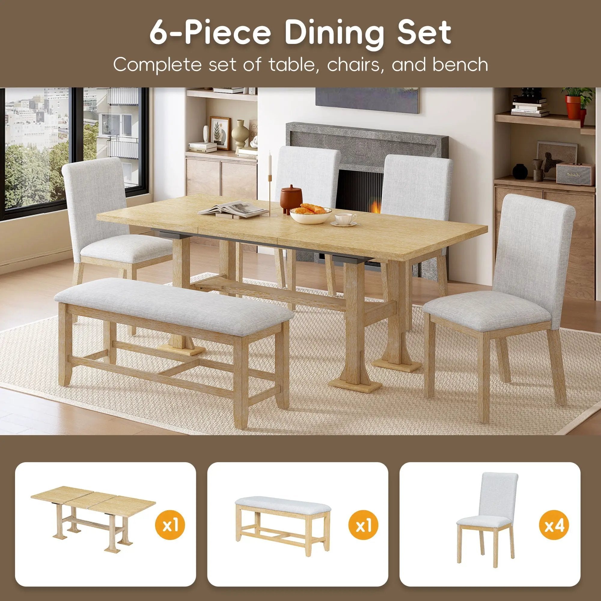 Topmax - 6 Piece Farmhouse Extendable Dining Table Set Trestle Kitchen Table Set With Removable Leaf And Upholstered Dining Chair And Bench For Dining Room by Unique Piece Furniture