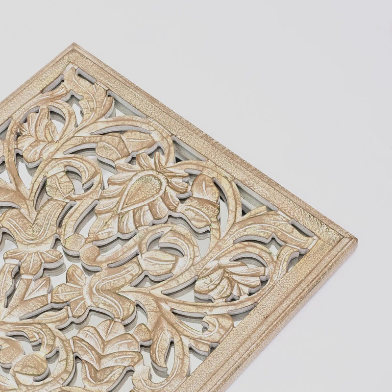 Floral Hand Carved Mandala Rectangle Wall Decor With Mirror - Antique Brown / White by Unique Piece Furniture