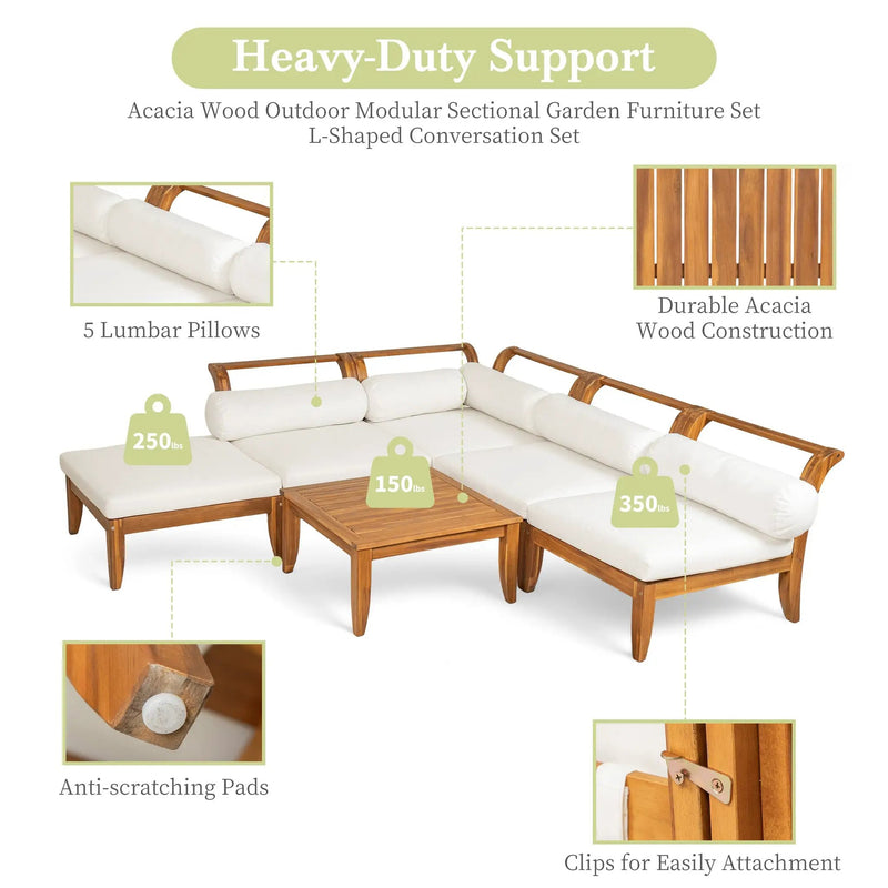 6 Piece Acacia Wood Outdoor Modular Sectional with Daybed and Tea Table by HouseOfZazla