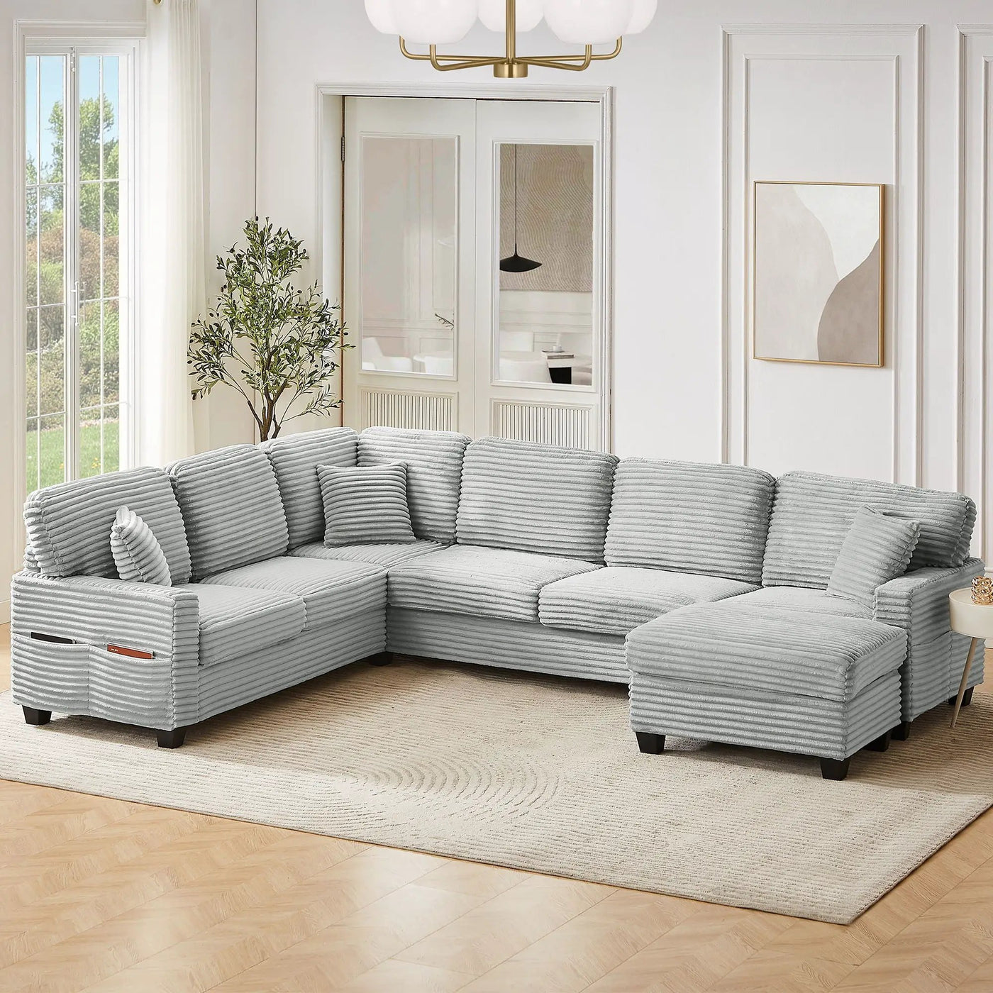 Upholstered U-Shaped Sectional Sofa With Movable Ottoman And Side Storage Pockets by HouseOfZazla