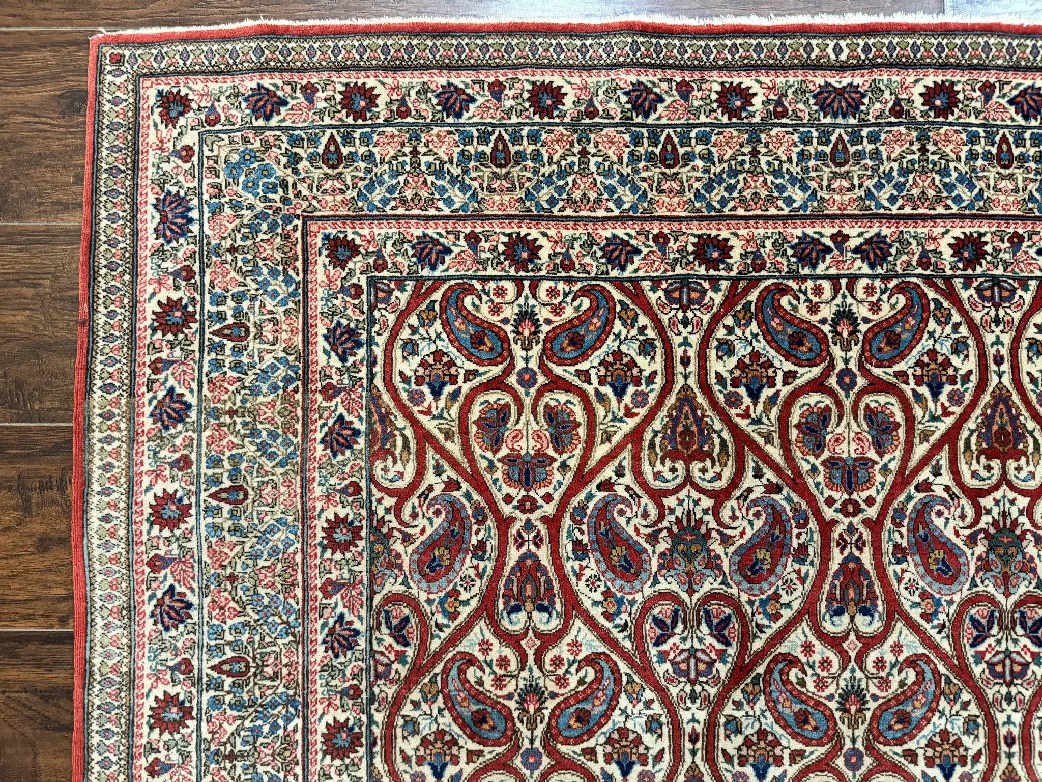 Unique Persian Qum Rug 5x7, Repeated Paisely Boteh Design, Ivory Red Blue, Handmade Antique Wool Persian Carpet, Finely Hand Knotted by Jewel Rugs