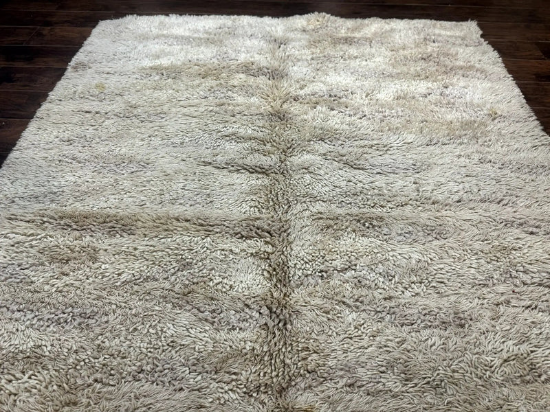 European Rya Shag Rug 6.6 x 9.7, Beige, Fluffy Vintage Area Rug by Jewel Rugs