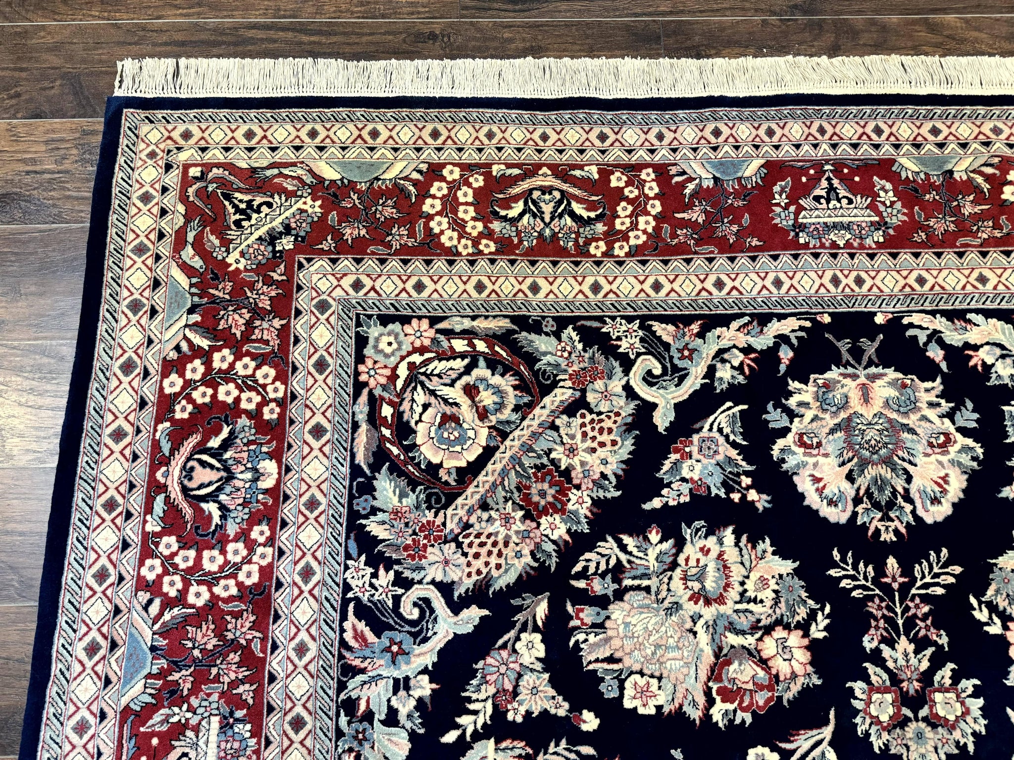 Sino Persian Rug 8x10, Floral Kirman Carpet, Navy Blue and Red, Floral Vases, Handmade Vintage Wool Carpet, 320 KPSI by Jewel Rugs