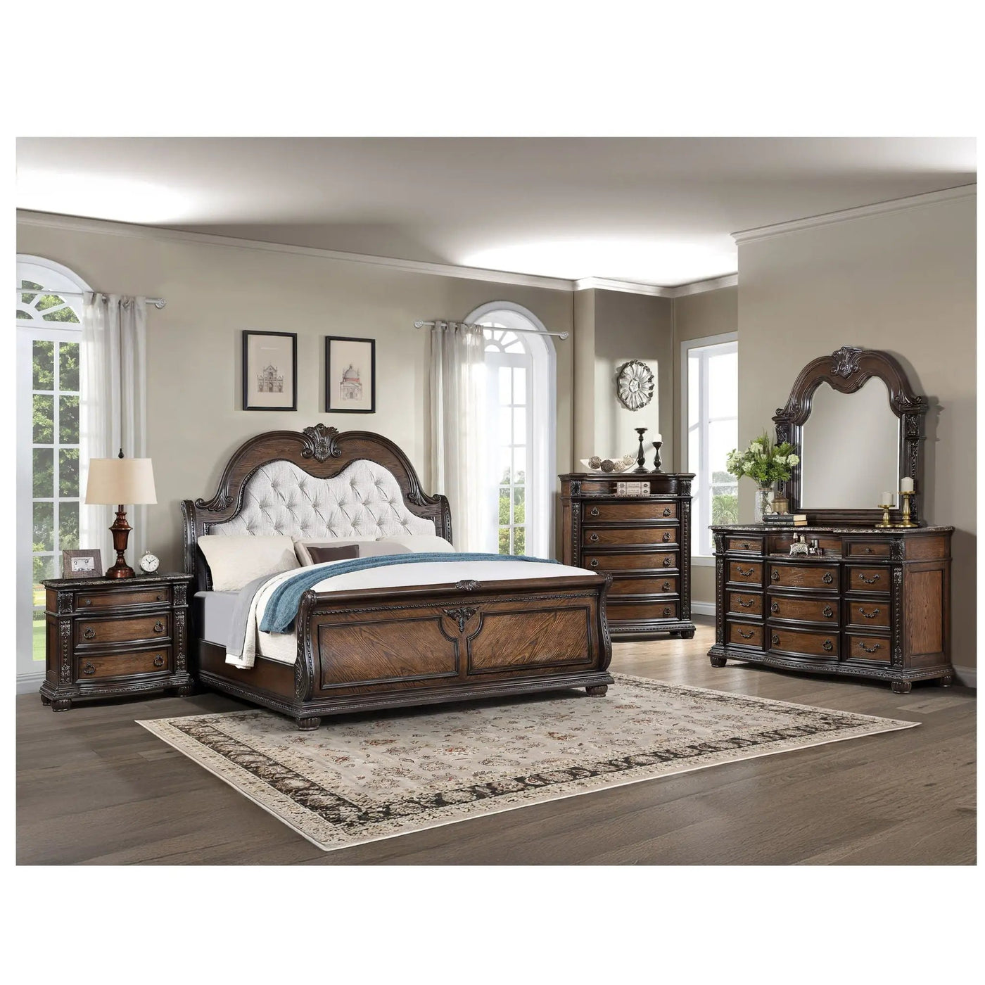 Traditional Style Button Tufted Headboard Sleigh Bed by Unique Piece Furniture