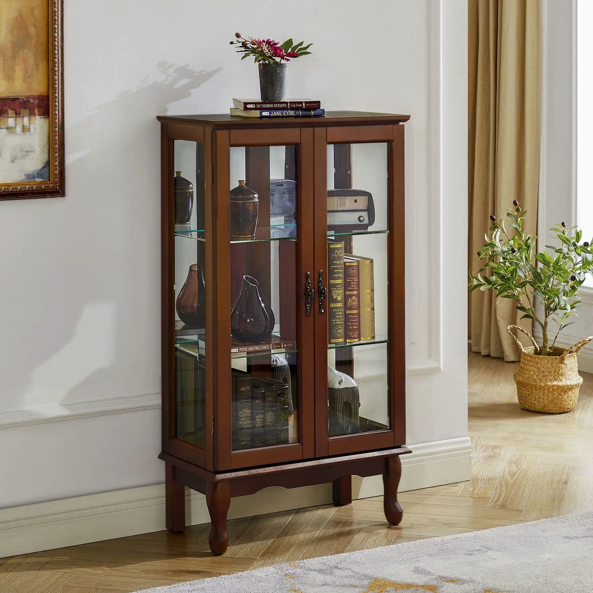 Curio Cabinet Lighted Curio Diapaly Cabinet With Adjustable Shelves And Mirrored Back Panel, Tempered Glass Doors (3 Tier), (E26 Light Bulb Not Included) by HouseOfZazla
