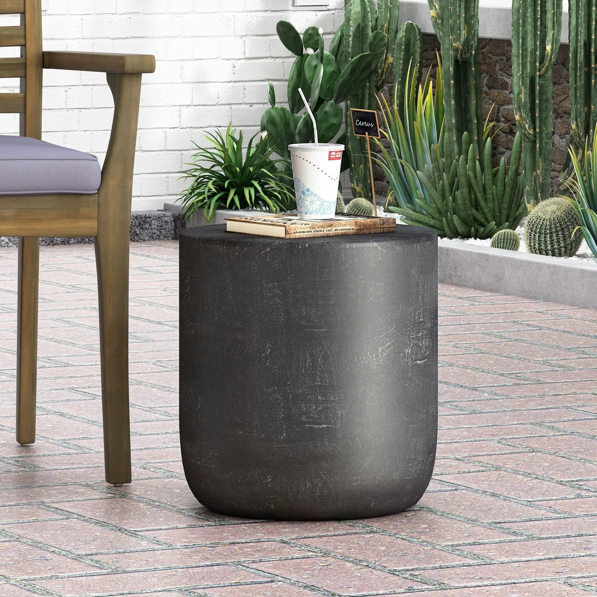Outdoor Lightweight Concrete End Table With Natural Texture - Matte Black by HouseOfZazla