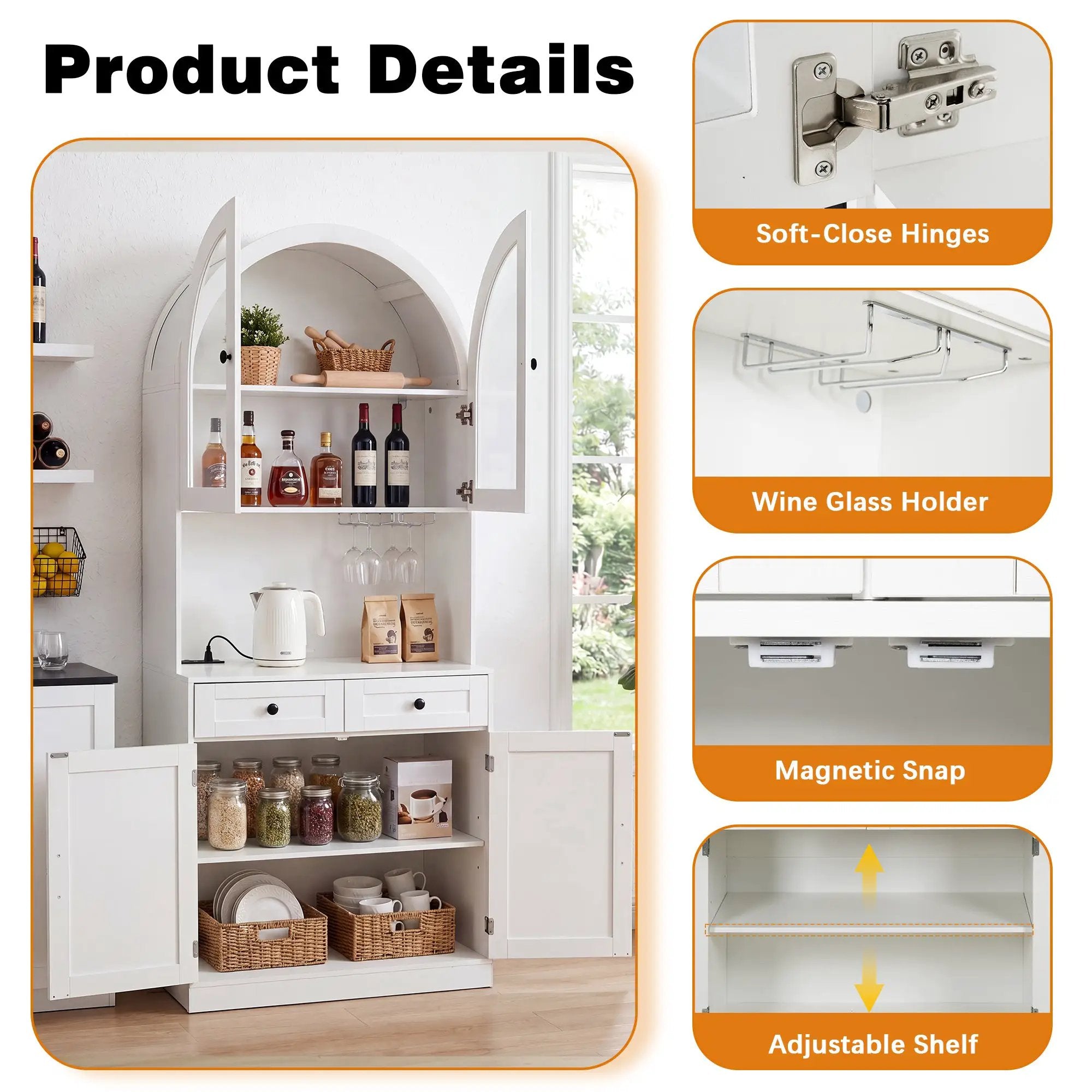 75" Farmhouse Tall Arched Pantry Cabinet with Charging Station by HouseOfZazla