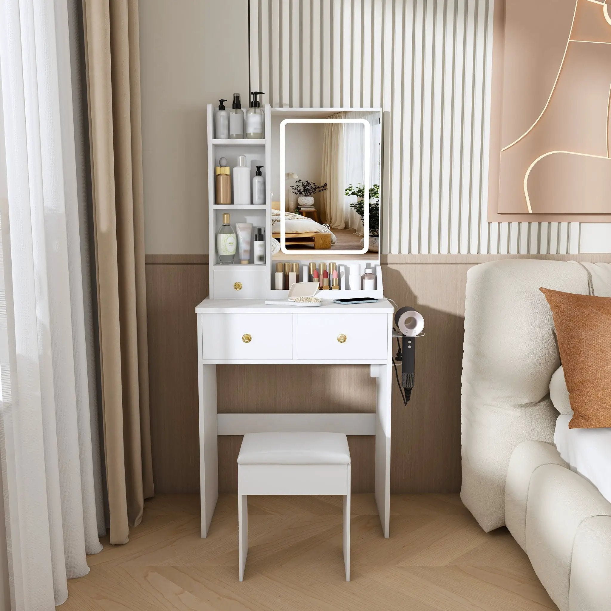 Modern Small Vanity Desk With 3 LED Lighting Modes, 3 Drawers by HouseOfZazla