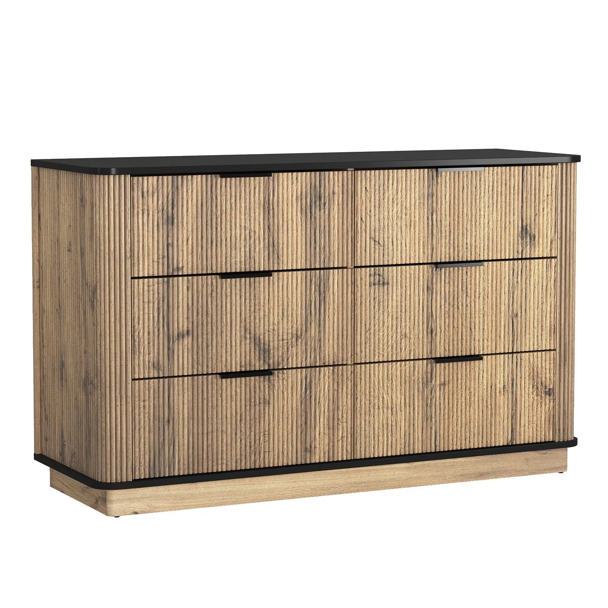 Modern 6 Drawer Cabinet With Metal Rounded Corners And Exquisite Handles Multi Functional Storage - Natural Wood by HouseOfZazla