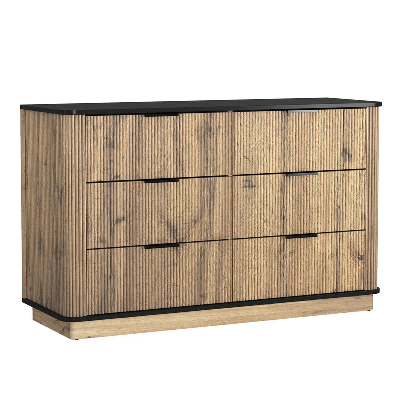 Modern 6 Drawer Cabinet With Metal Rounded Corners And Exquisite Handles Multi Functional Storage - Natural Wood by HouseOfZazla