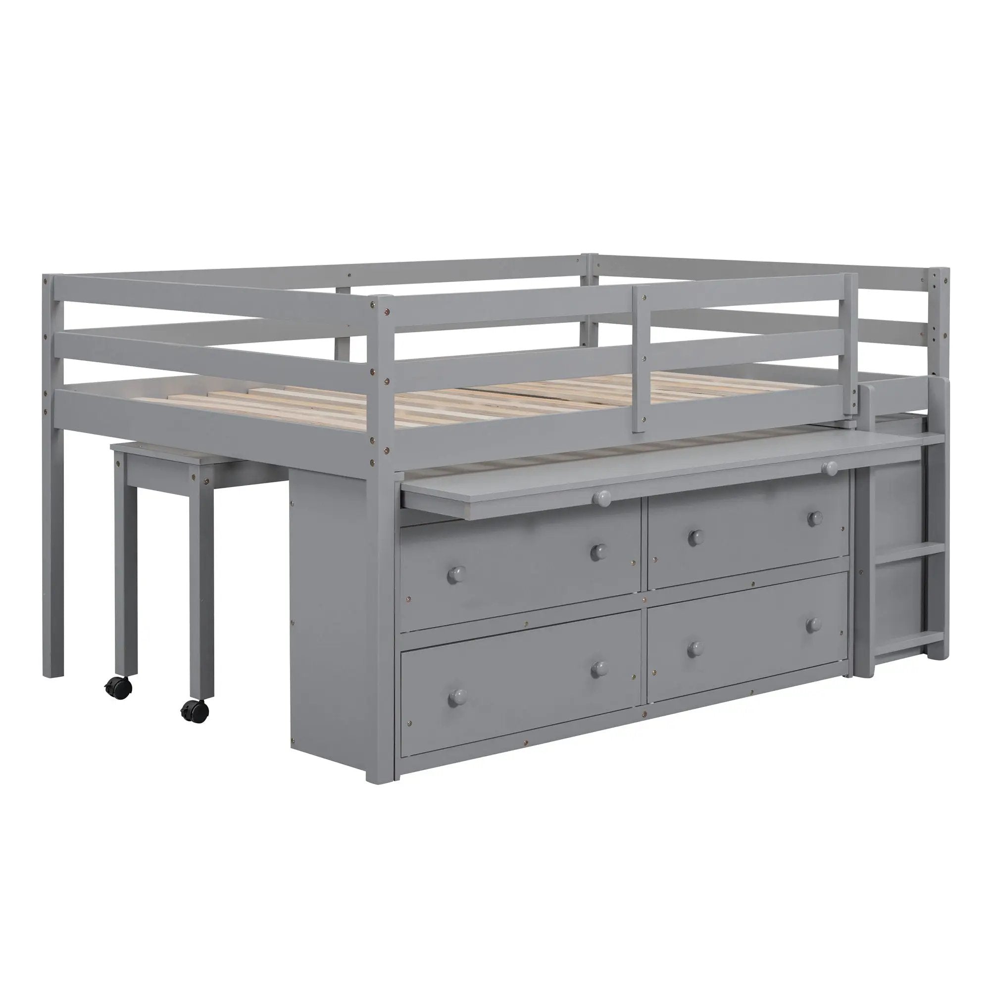 Loft Bed With Retractable Writing Desk And 4 Drawers, With Lateral Portable Desk And Shelves by HouseOfZazla