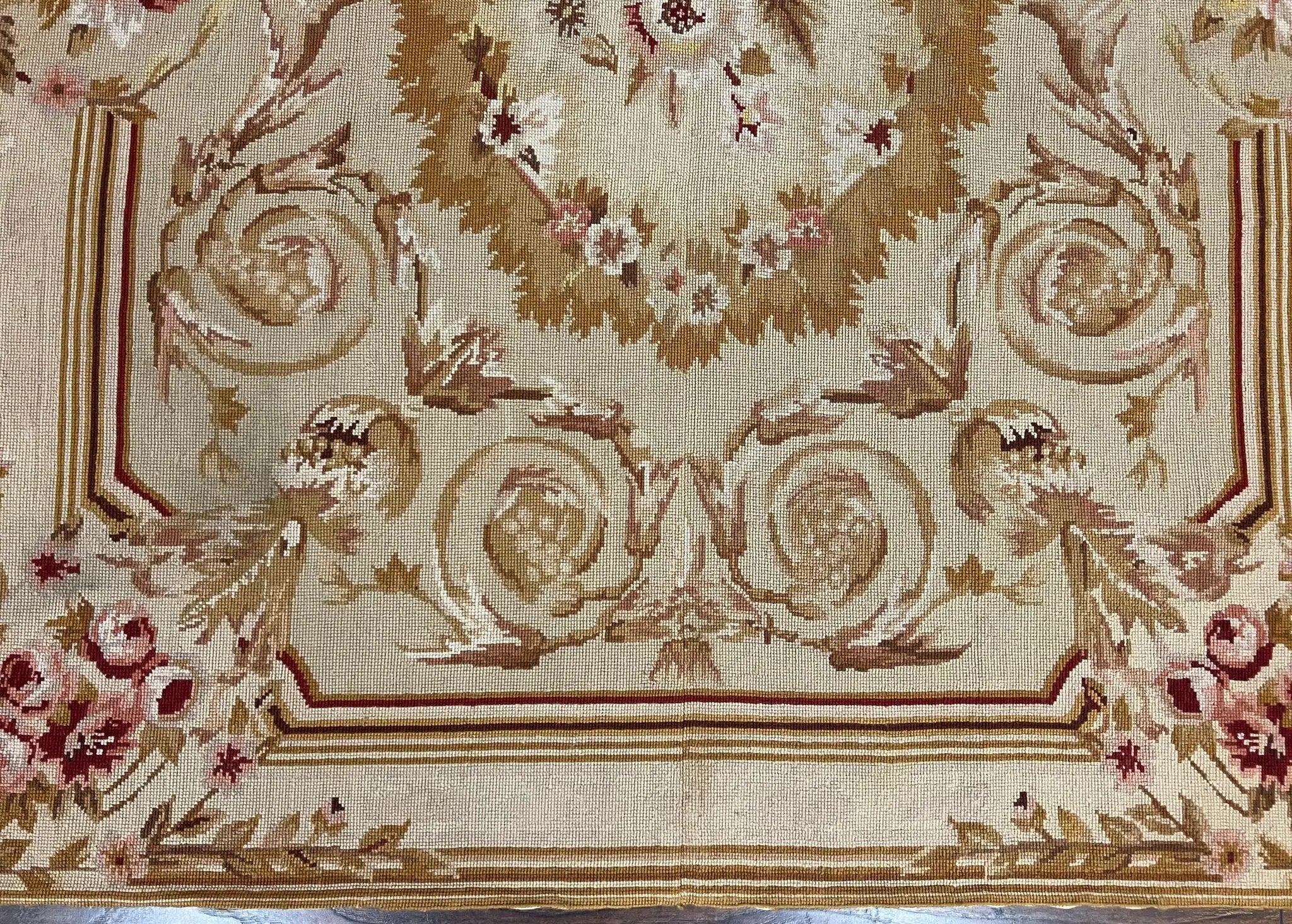 Aubusson Needlepoint Rug 4x5 ft, Beige and Tan, Aubusson Savonnerie Vintage Carpet, Handwoven Handmade Wool Rug, European Design Floral Rose by Jewel Rugs
