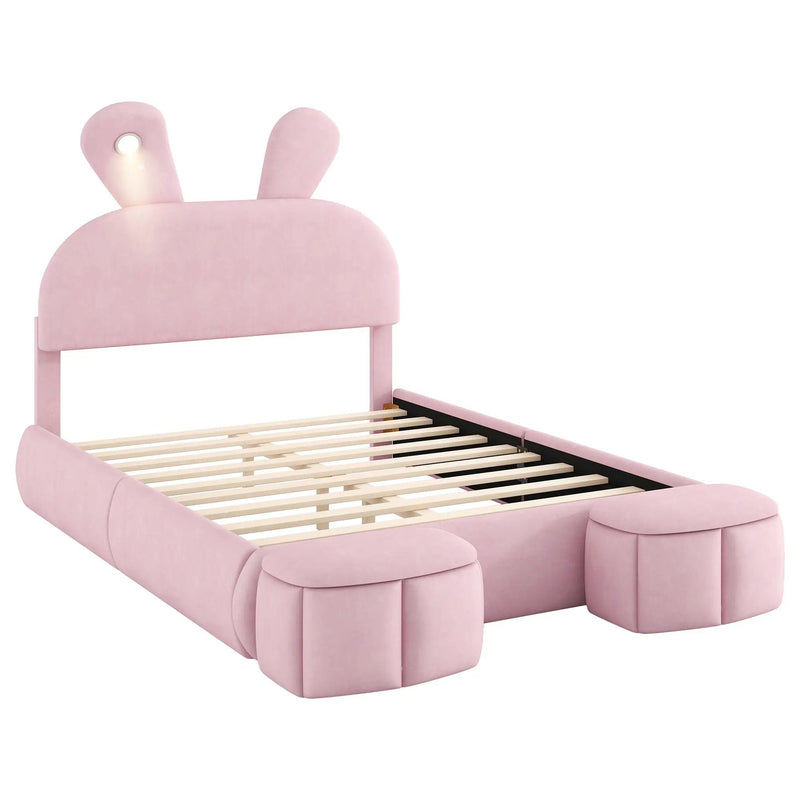 Full Upholstered Platform Bed With Cartoon Ears Headboard And LED Light - Pink by HouseOfZazla
