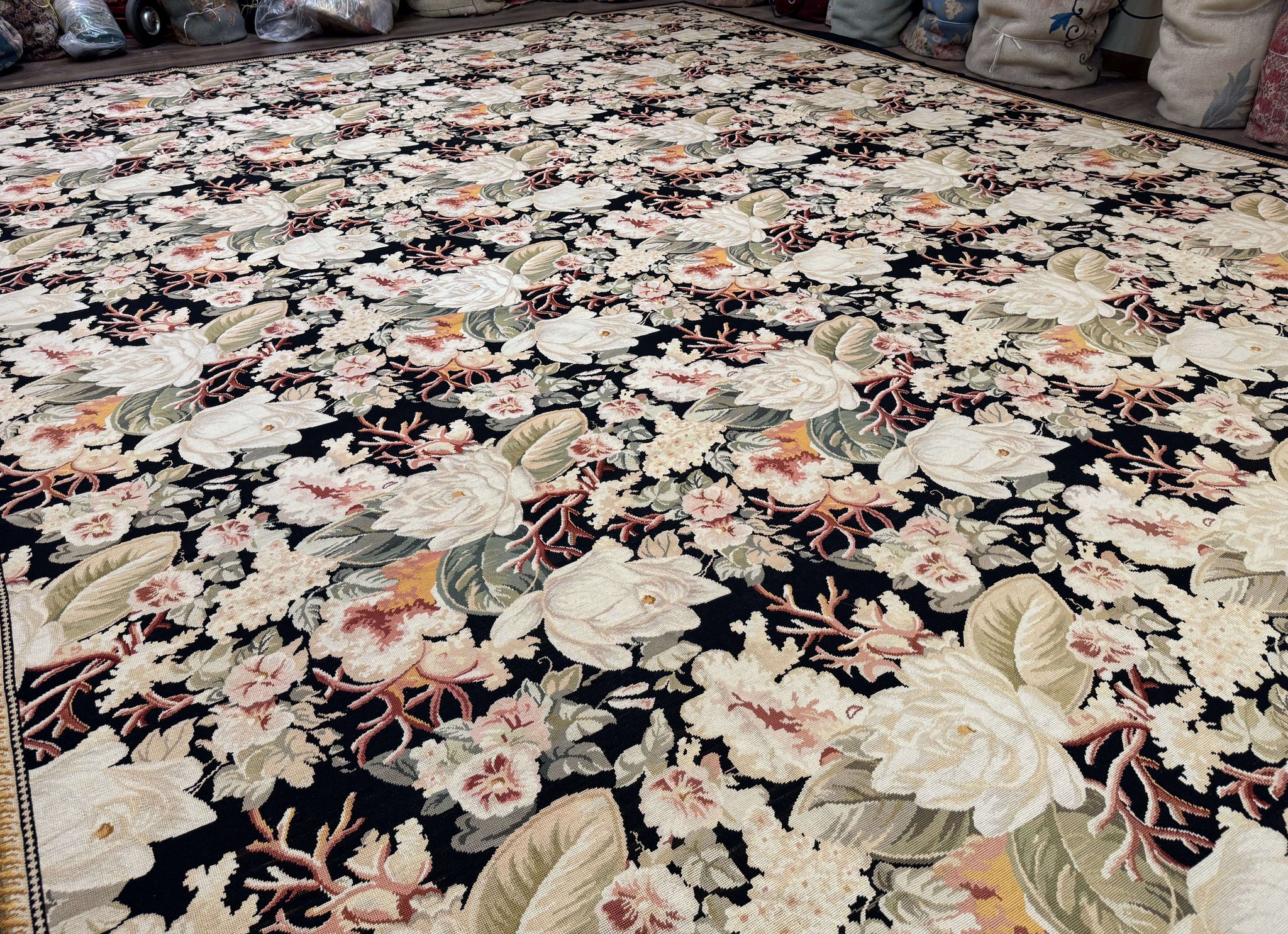 Palace Size Needlepoint Rug 13x17, Extra Large Wool Floral Handmade Carpet, European Design, Botanical by Jewel Rugs