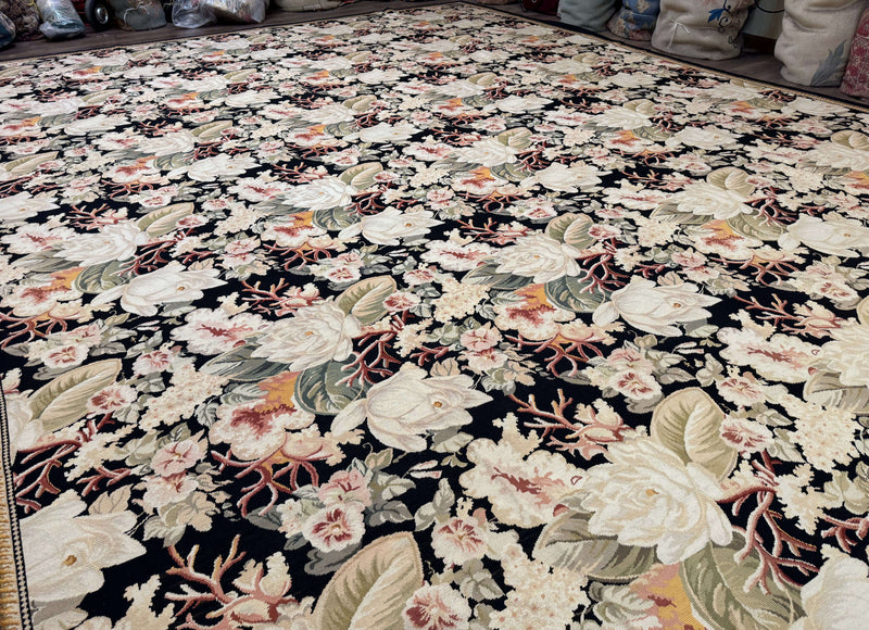 Palace Size Needlepoint Rug 13x17, Extra Large Wool Floral Handmade Carpet, European Design, Botanical by Jewel Rugs