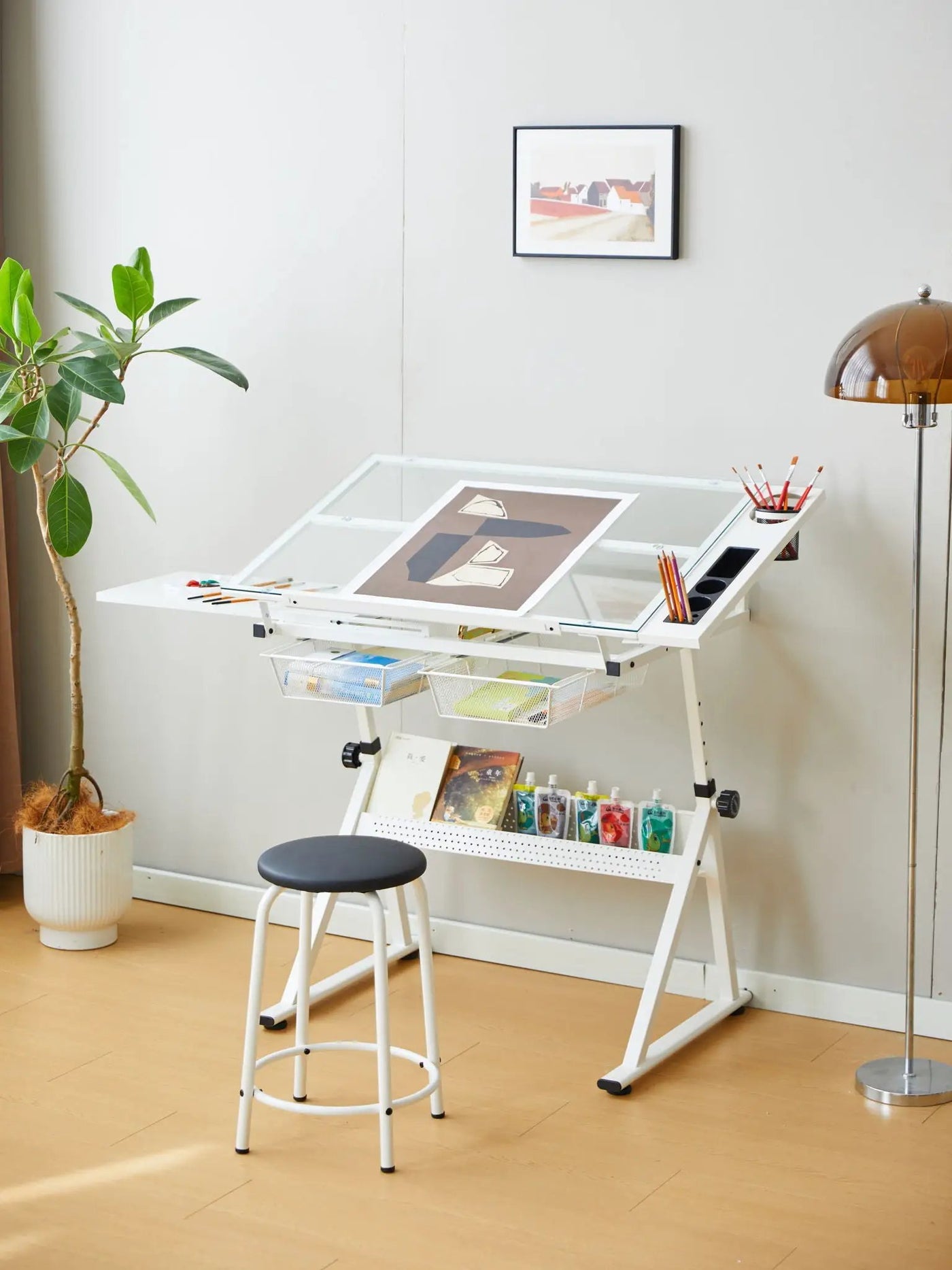 Adjustable Tempered Glass Drafting Printing Table With Chair by Unique Piece Furniture