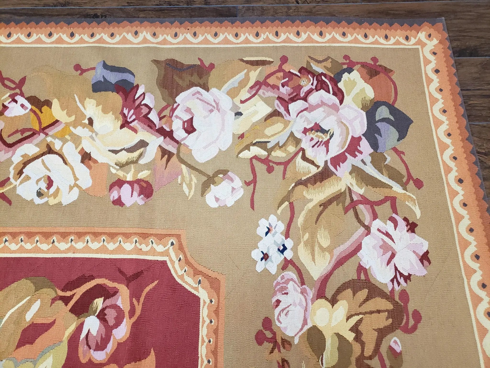 Vintage Chinese Aubusson Savonnerie Flat Pile Rug 9.9 x 14.5 Wool Handwoven Red & Khaki Large Flowers Rug 9x14 - 10x15 Michaelian Kolhberg by Jewel Rugs