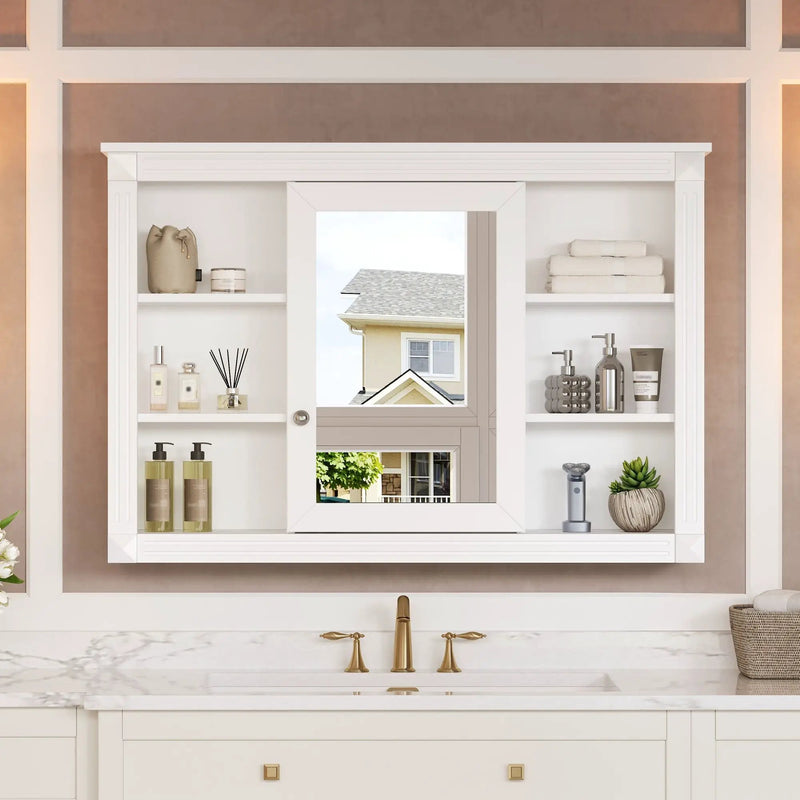 Wall Mounted Bathroom Storage Cabinet With Mirror, Medicine Cabinet With 6 Open Shelves And Adjustable Interior - White by Unique Piece Furniture