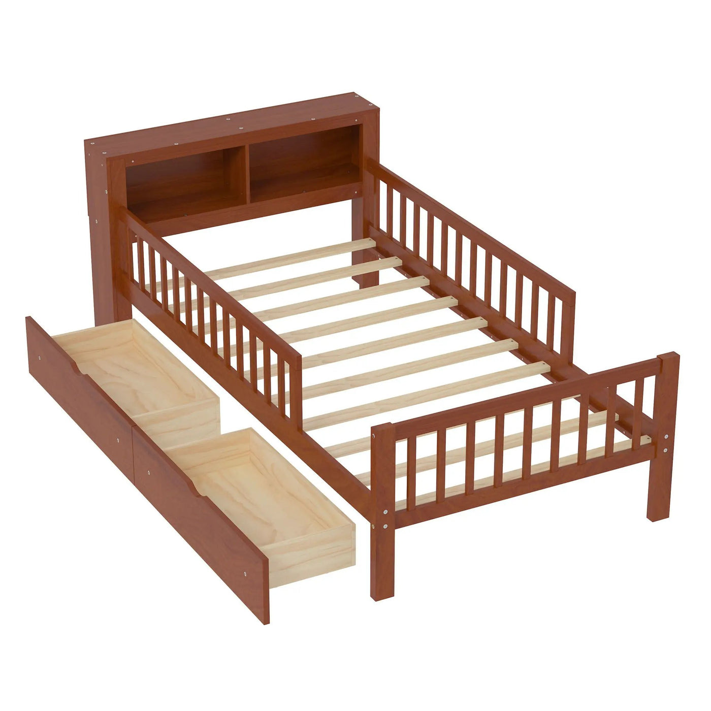 Bed With Headboard Storage Rack, 2 Under Bed Drawers, 3 Side Guardrails For Safety by HouseOfZazla