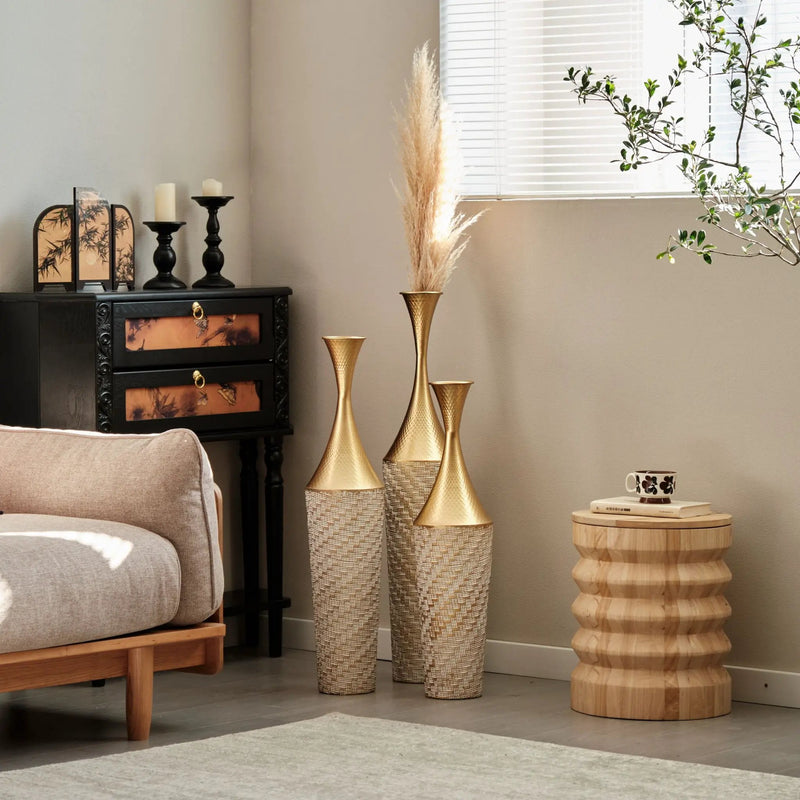 Floor Metal Vase Modern Style Decoration Home Woven Pattern Metal Vase 3 Piece Set Gorgeous Home Decoration Large Glazed Metal Vase - Champagne by HouseOfZazla