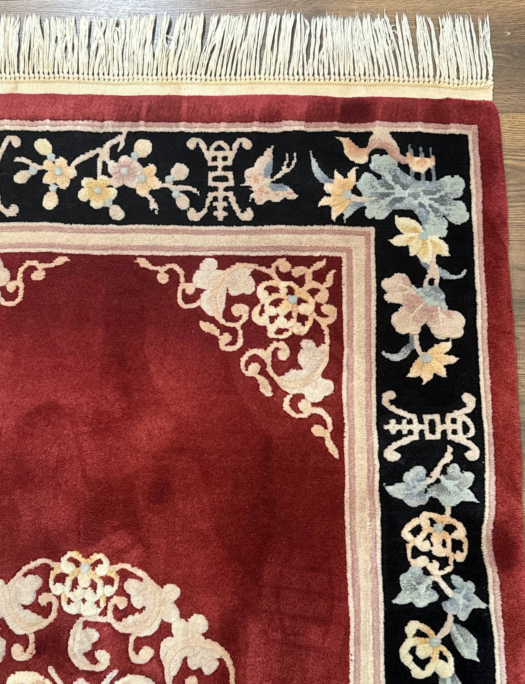Chinese Wool Rug 4x6, Maroon and Black, Butterflies, Chinese Oriental Carpet, 90 Line Rug by Jewel Rugs