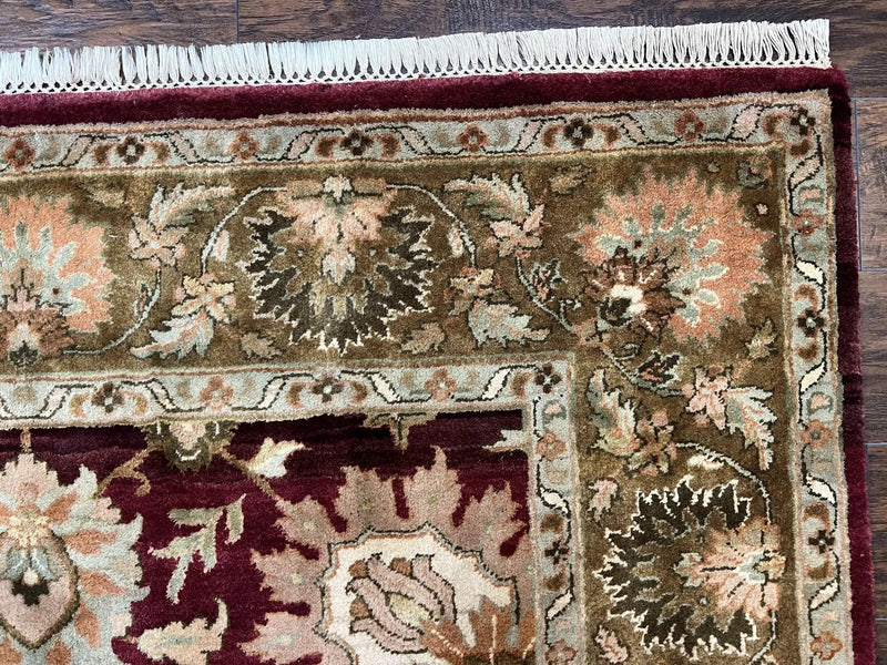 Indo Mahal Rug 6x9, Large Flowers Allover, Maroon and Green, Handmade Wool Area Rug, Vintage Rug, Indian Oriental Carpet, Hand Knotted Rug by Jewel Rugs