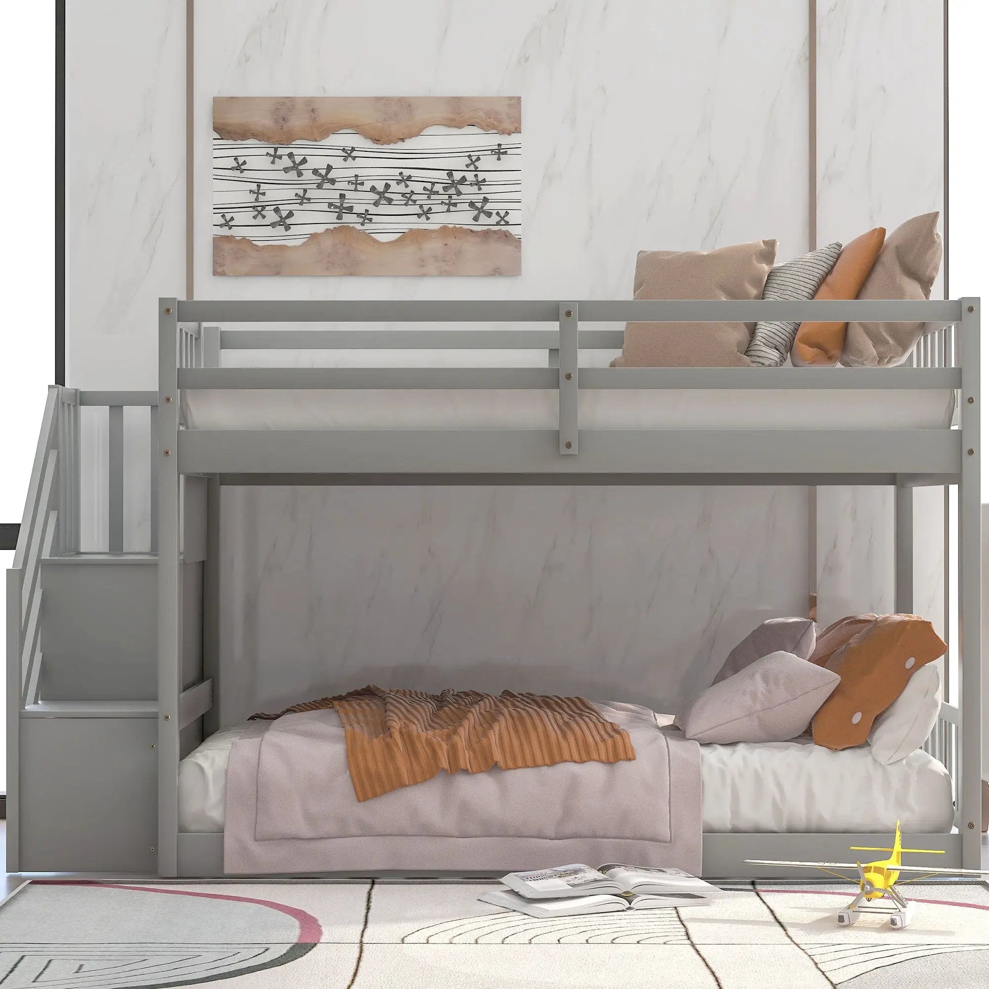 Norset - Twin Over Twin Floor Bunk Bed, Ladder With Storage by Unique Piece Furniture