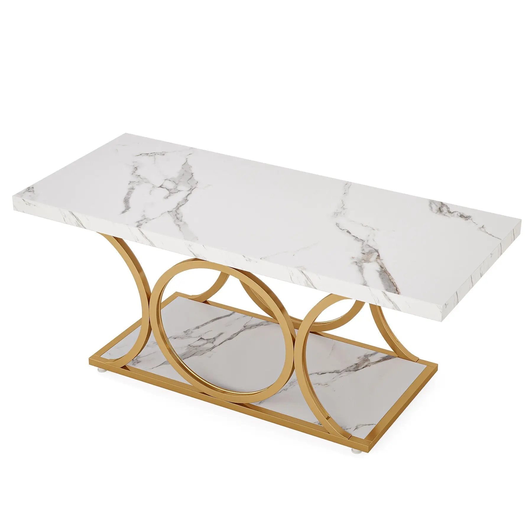 Rectangle Coffee Table, 2 Tier With Geometric Legs, Furniture With Storage Shelf - White / Gold by HouseOfZazla