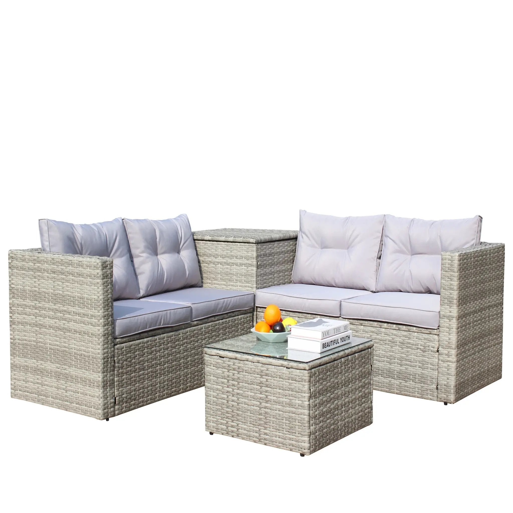 4 Piece Patio Sectional Wicker Rattan Outdoor Furniture Sofa Set with Storage Box Grey by HouseOfZazla