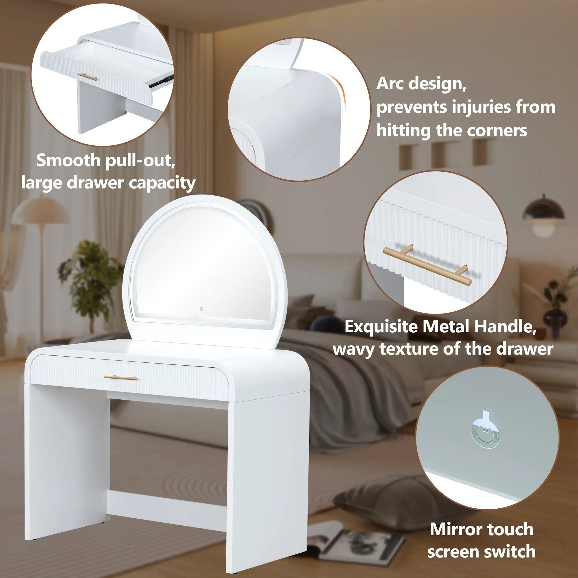 Makeup Vanity Table With Mirror Touch Screen Lighted Mirror, Dressing Table With Drawer For Bedroom - White by Unique Piece Furniture